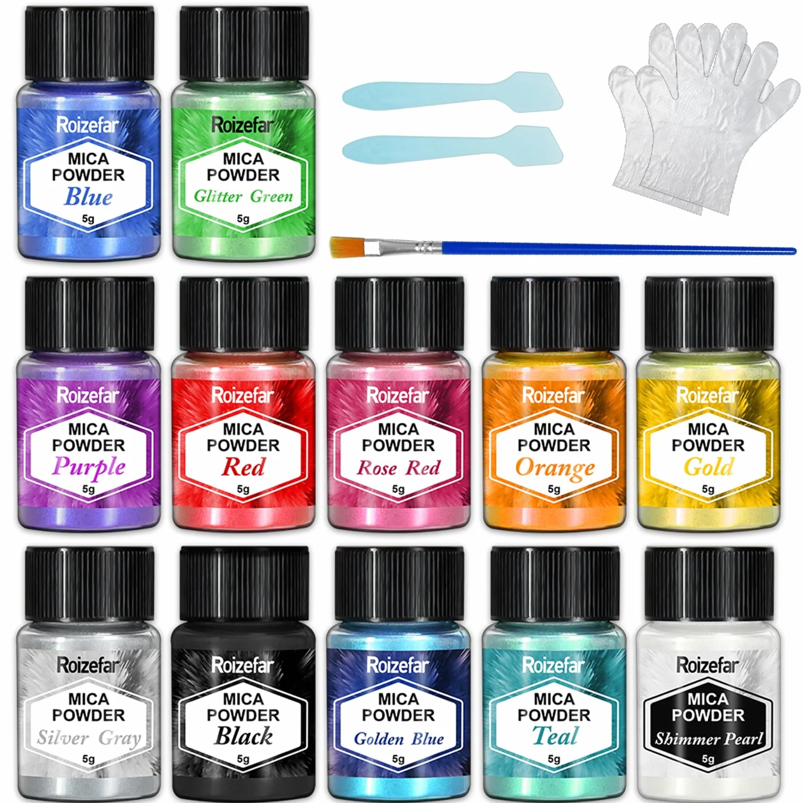 Roizefar Polvere di Mica - Pigmento di Resina Epossidica 12 Colori, Colorante per Sapone, Colorante in Polvere Metallico per la Creazione di Gioielli, Bombe da Bagno, Nail Art (5 g per Bottiglia)