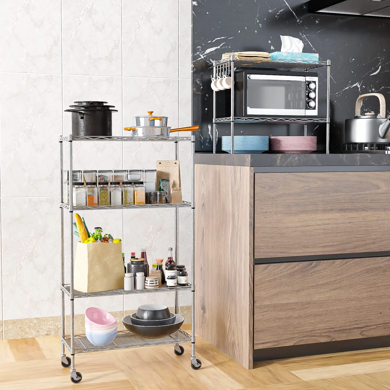 Himimi Scaffale in Filo Metallico a 6 Livelli con Ruote, Regolabile in Altezza, Scaffale in Piedi Resistente con Gancio per Bagno Cucina Garage Camera da Letto Argento