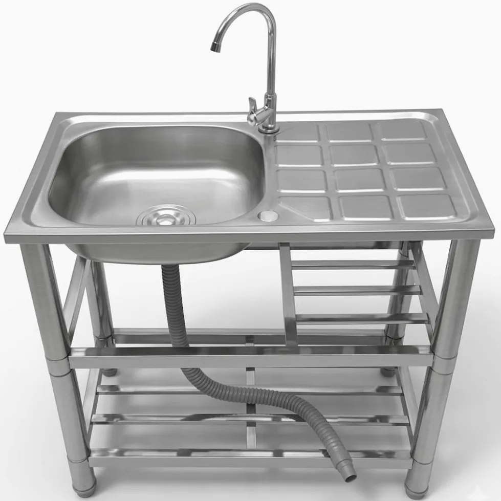 BAKAJI Lavello in Acciaio Inox con Rubinetteria Completa e Kit Sifone Ideale per Esterno, Patio, Giardino, Cucina in Balcone e Veranda, Lavandino con Ripiani Portaoggetti e Accessori, 75 x 40 x 80 cm
