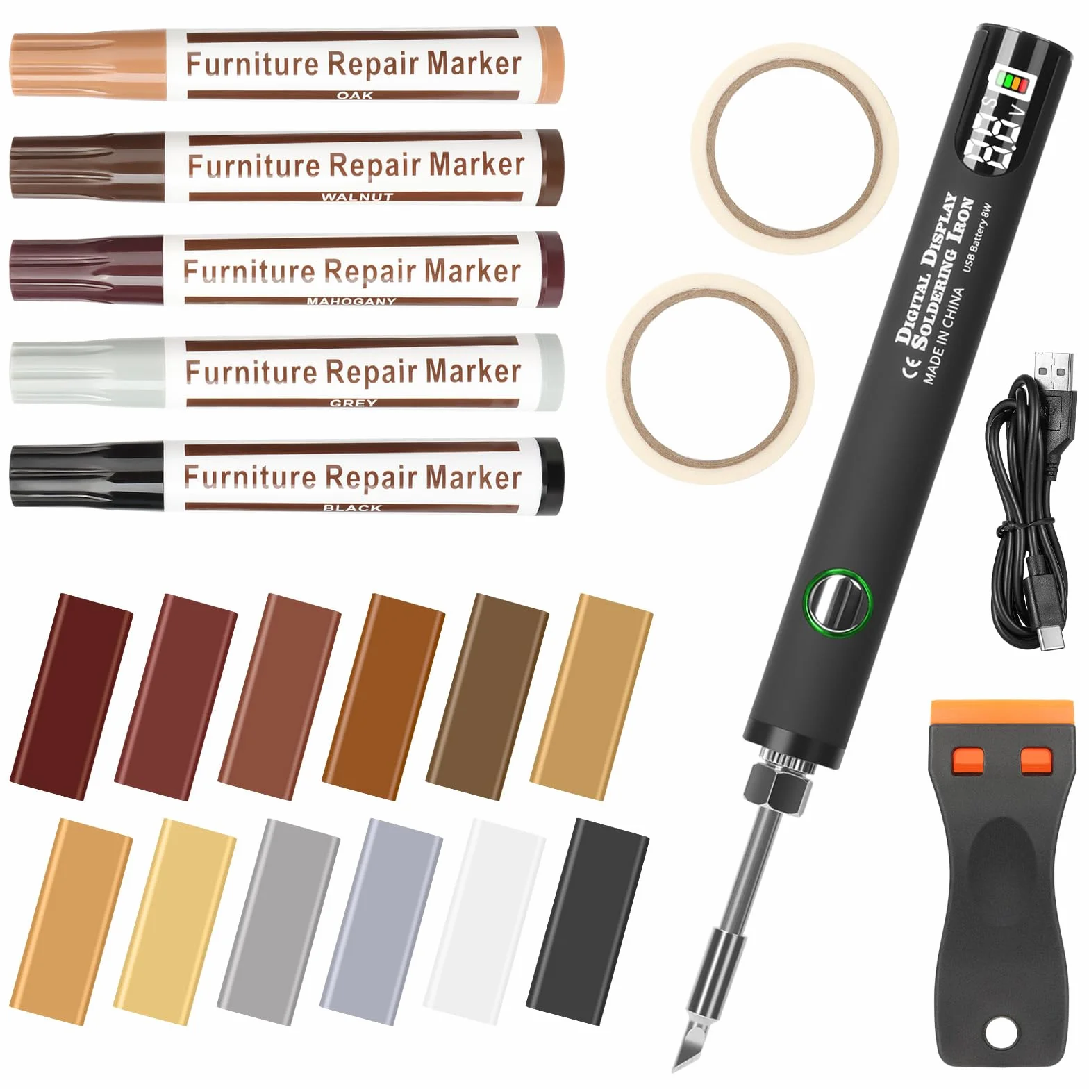 Herenear Kit Riparazione Parquet, Kit Riparazione Legno Ripara Parquet, 12 Colori Stucco con Strumento di Fusione per Parquet Ripara Graffi Macchie, Buco, Ritocco Legno
