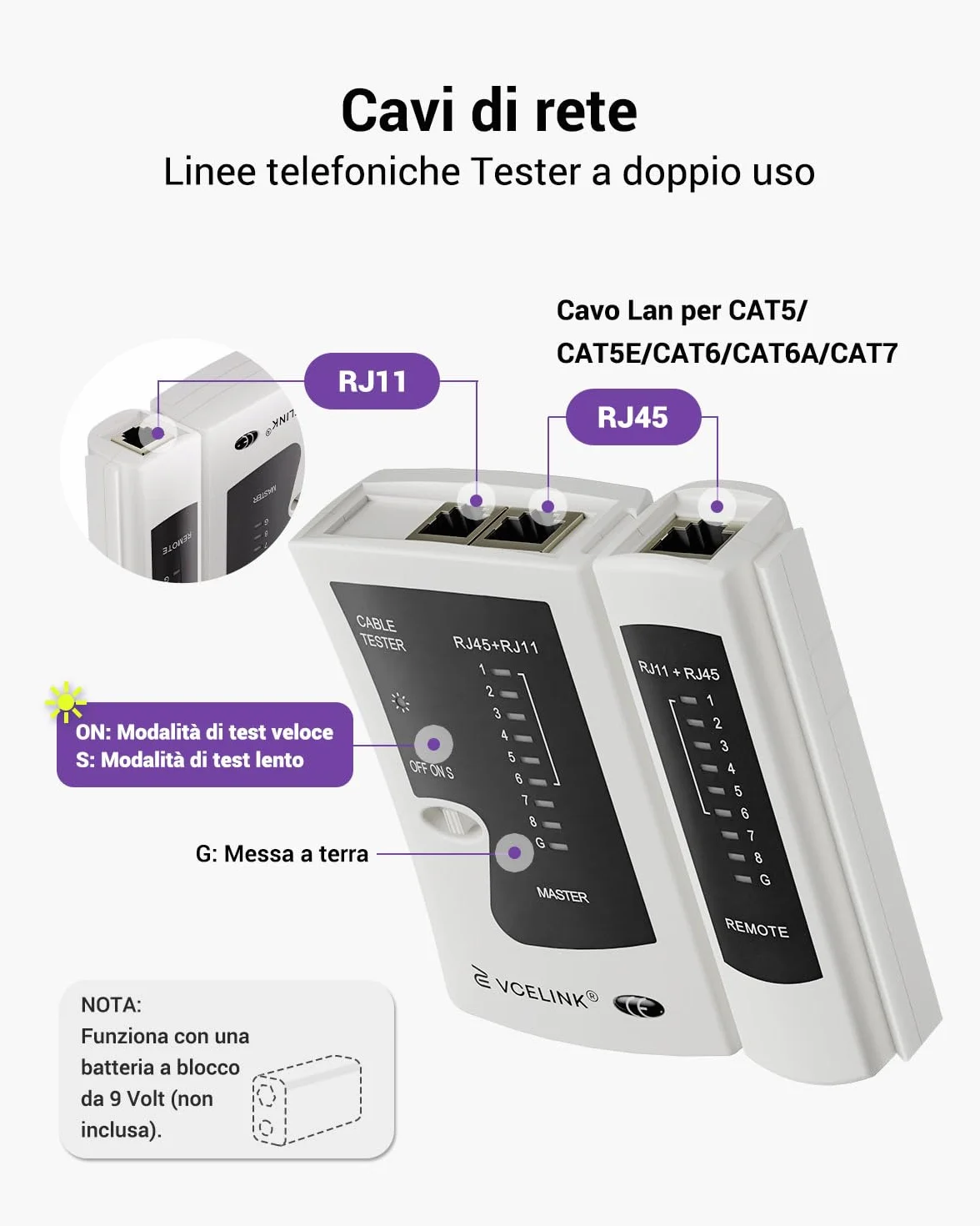 VCELINK Tester Cavi di Rete RJ45 Professionale POE, Test Ethernet per RJ45/RJ11/RJ12, Grigio