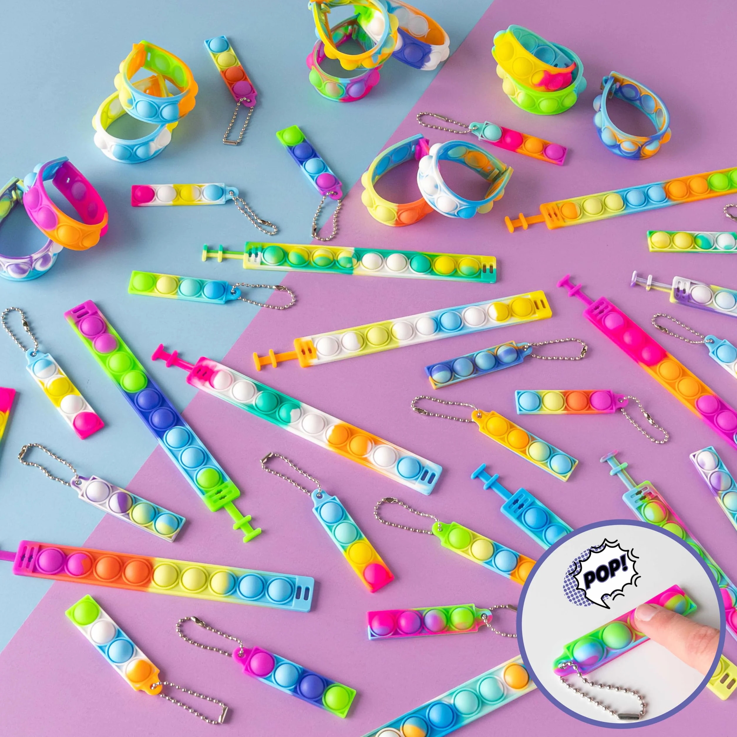 BONNYCO Braccialetti e Portachiavi Pop It, 30 Pezzi Regalini Fine Festa Bambini Fidget Toys