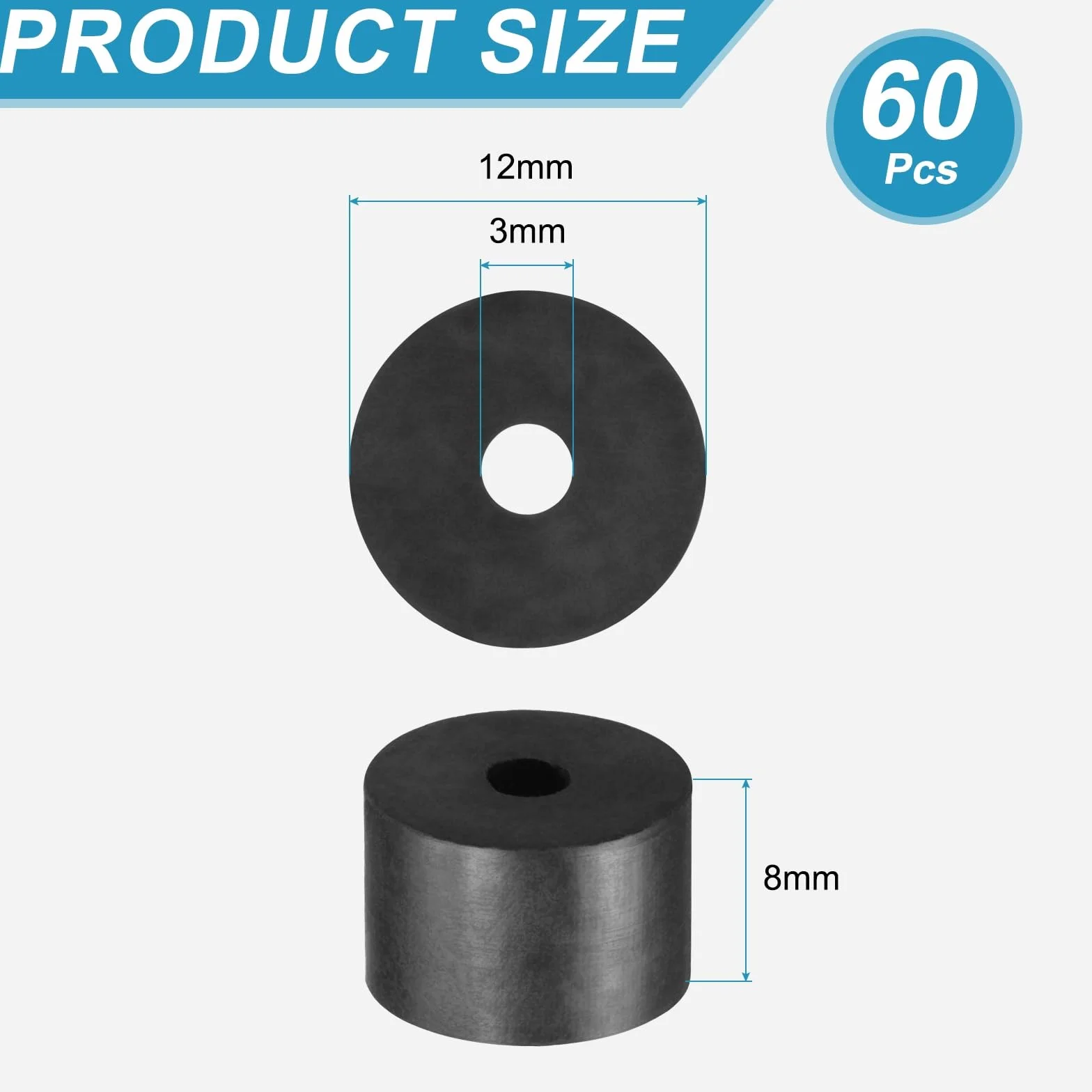 QUARKZMAN 60 Pz Distanziatore Rotondo Gomma, 12x3x8 mm (OD*ID*Spessore) Anello Rotondo Antivibrante Boccola In Gomma - Versatile per Edilizia, Automotive, Nautico e Elettrodomestici