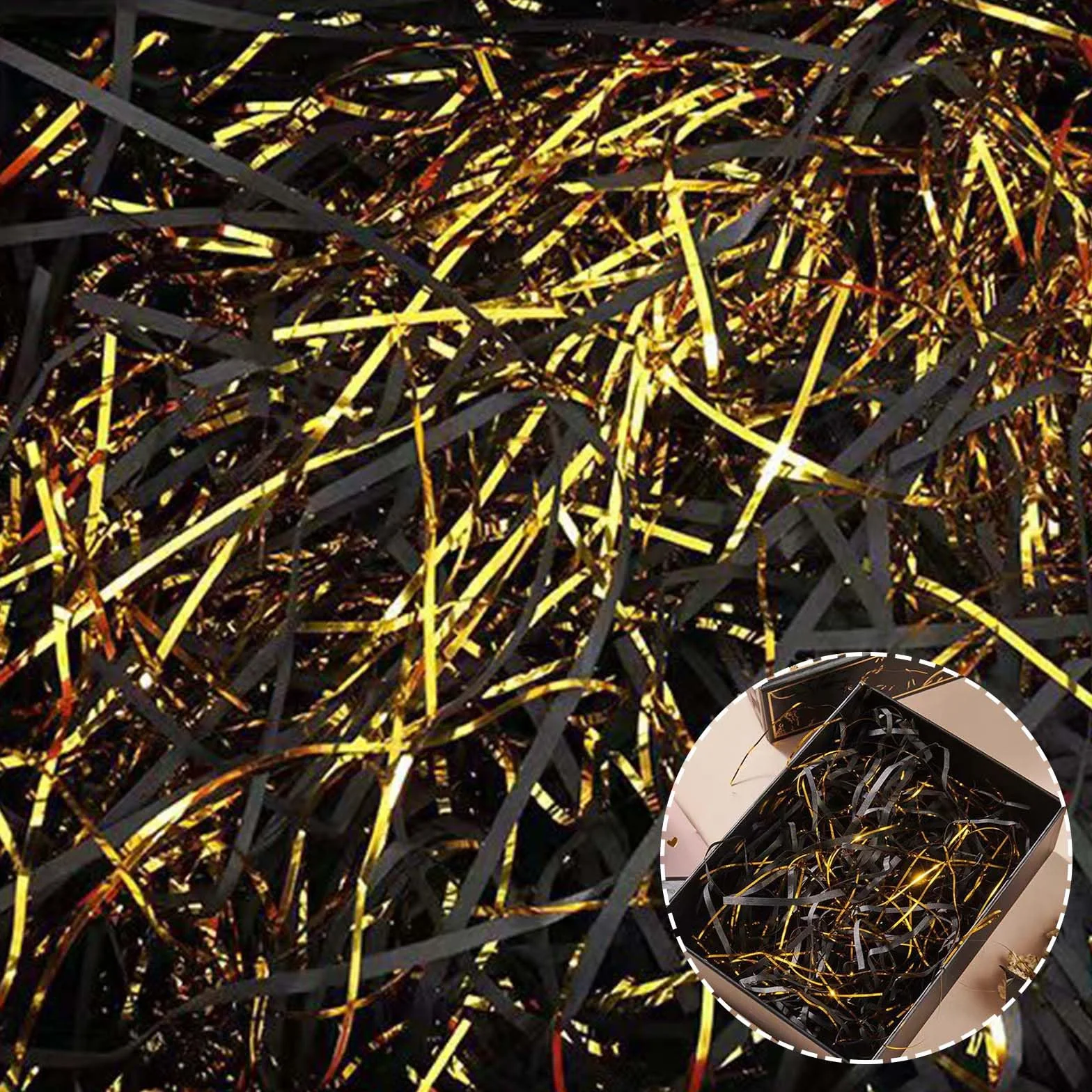 200g Carta Velina Tagliuzzata per Regali,Paglia per Cesti Nero e Oro,Tagliuzzata Per Regali – Set di Decoro Nera per Confezioni Regalo, Carta da Imballaggio Sofisticata e Leggera