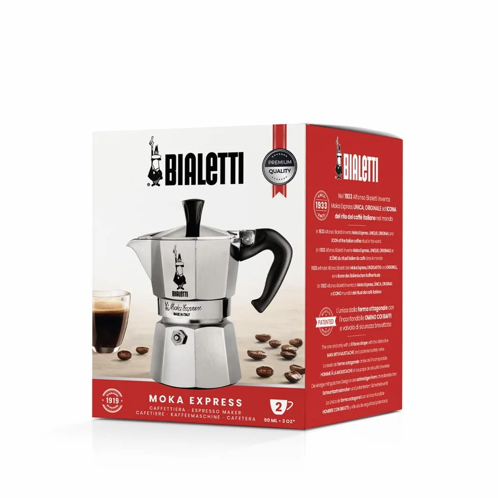 Bialetti Caffettiera Moka Express 2 Tazze, 90 ml, Aluminium
