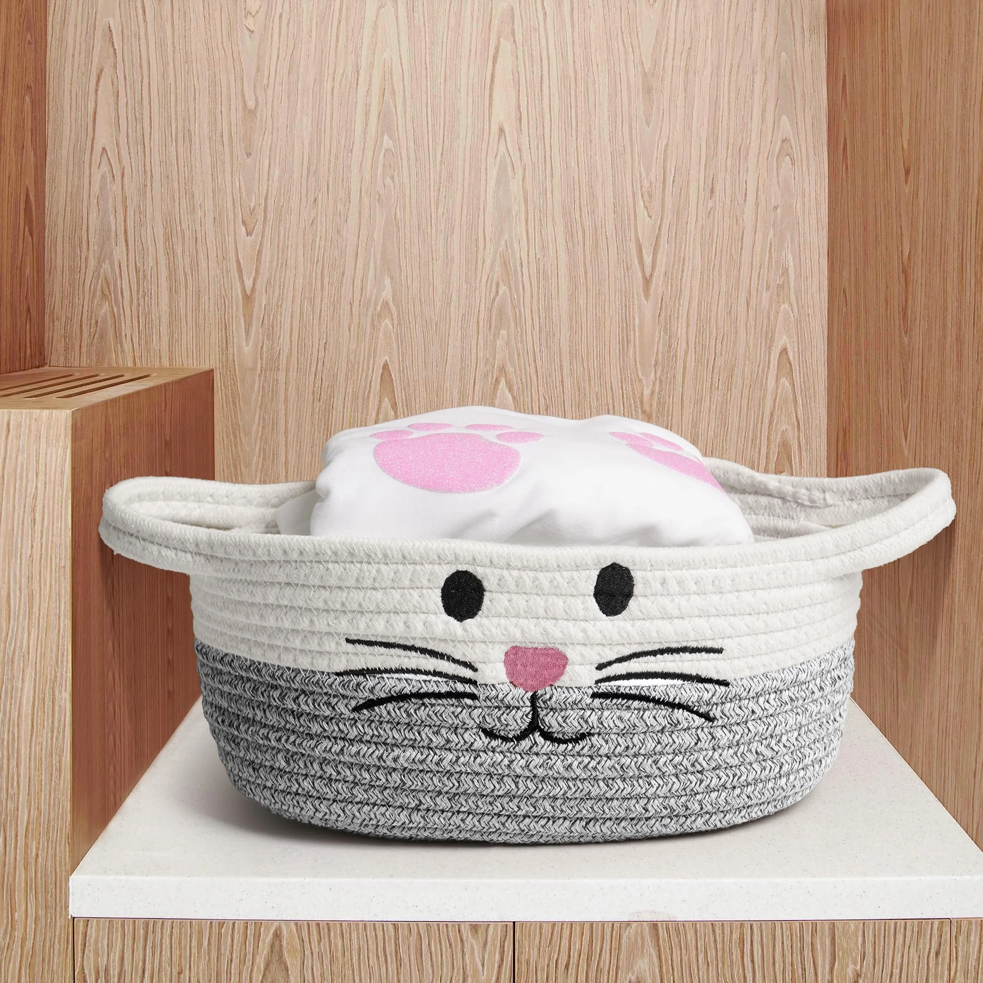 Cesto portaoggetti intrecciato in corda di cotone con manici – Cesto porta-giocattoli per bambini, Cestini portaoggetti per la cameretta dei bambini – Organizzatore di giocattoli per animali domestici