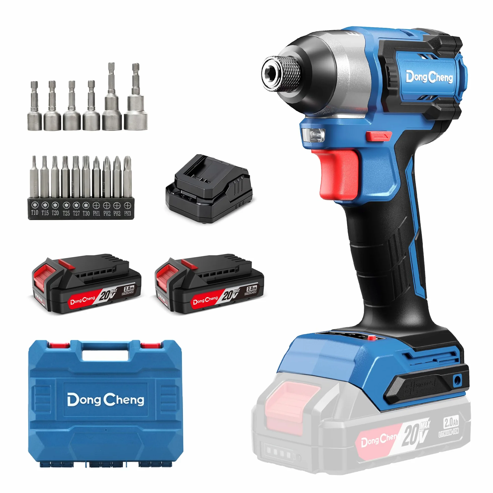 Dong Cheng Avvitatore a Impulsi Brushless a Batteria 18V, 165Nm, Avvio Dolce & Modalità Autofilettante, 3 Velocità, 2x 2.0 Ah Batteria, Caricabatterie, Set di Bits+Dadi, per Legno, Metallo, Fai da Te