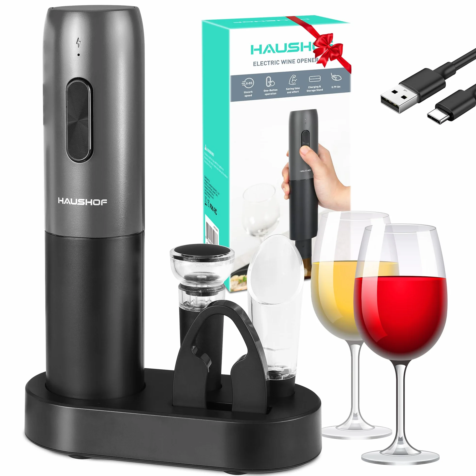 HAUSHOF Cavatappi Elettrico 4 in 1 con Supporto, Apribottiglie Professionale con Tappo per Vino Sottovuoto, Tagliacapsule, Versatore per Vino, Regali per Uomini e Donne Casa Nuova