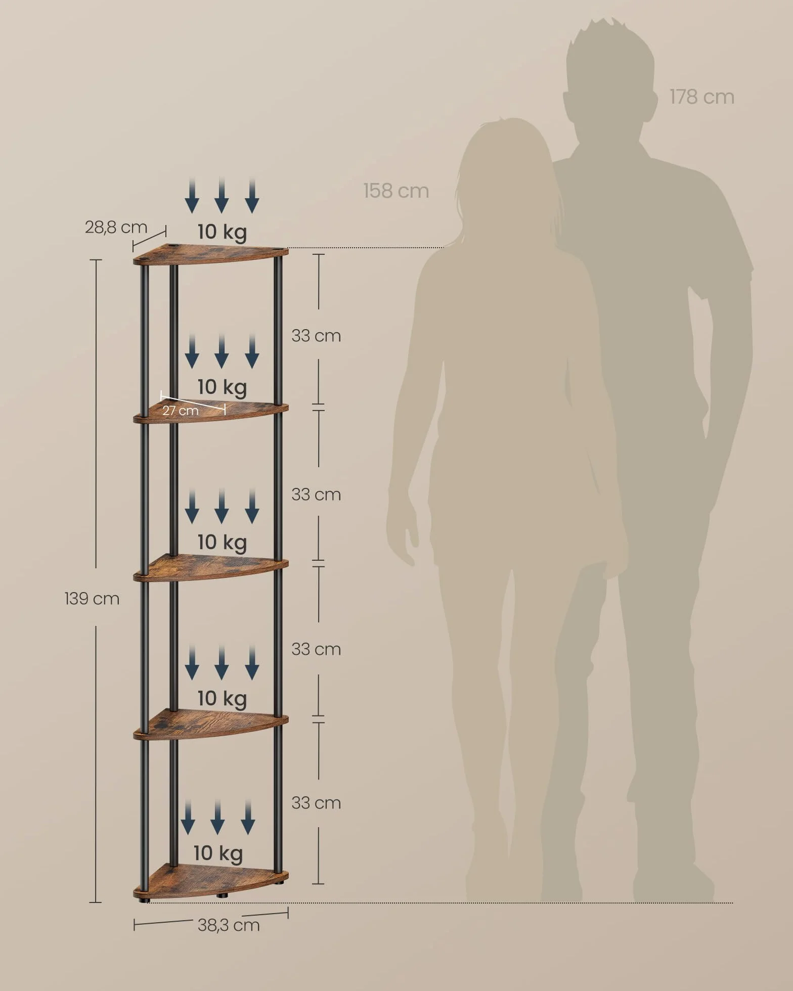 SONGMICS HOME Montaggio Super Veloce Senza Attrezzi, Scaffale Angolare a 5 Ripiani, Scaffale Autoportante, 38,3 x 27 x 139 cm, per Soggiorno, Camera da Letto, Cucina, Marrone Vintage LBC610K01