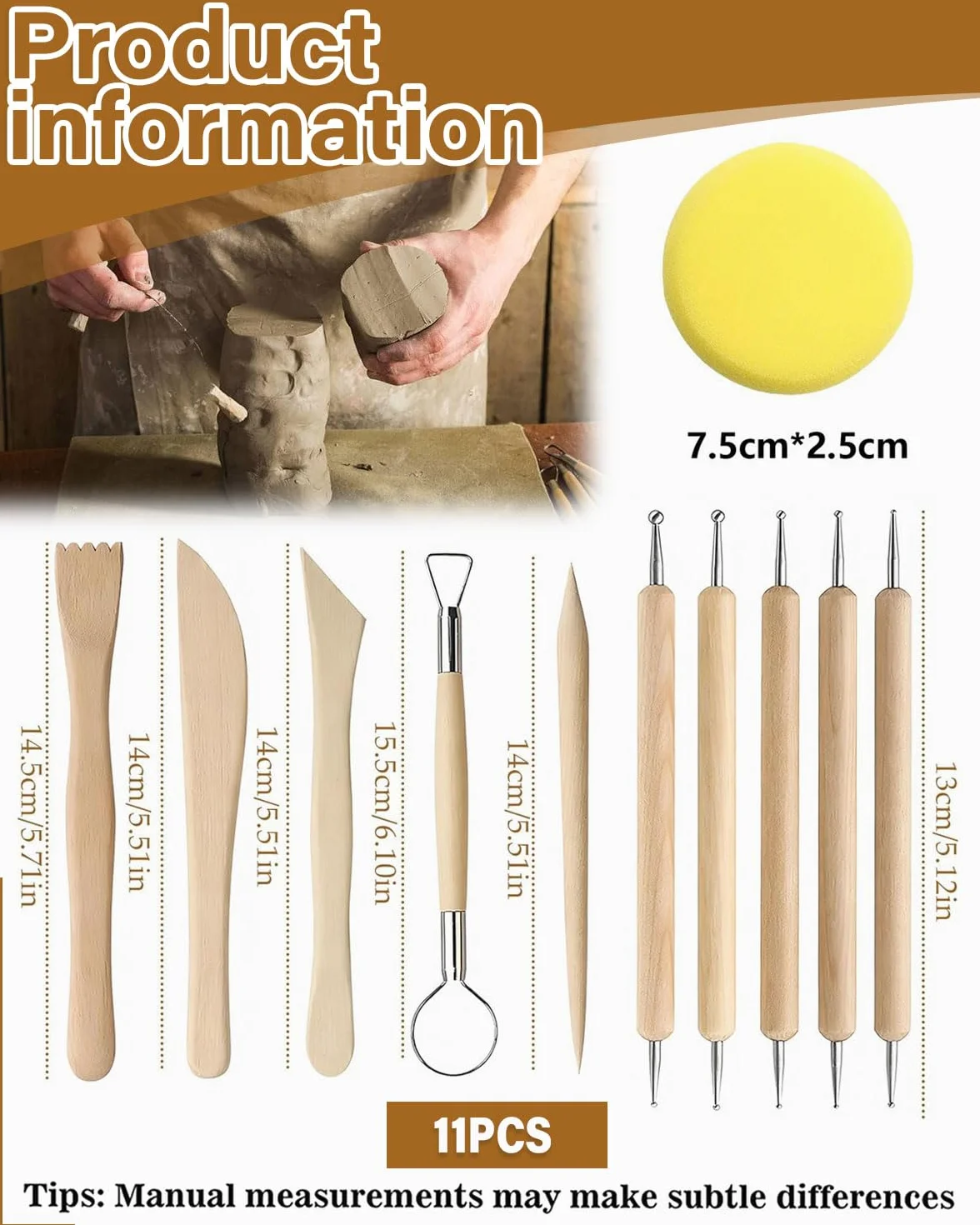 10 Strumenti per Modellare Argilla Professionali in Legno, Sculpture Tools Set, Attrezzi per Modellazione di Das e Ceramica, Stecche di Legno e Mirette per Argilla