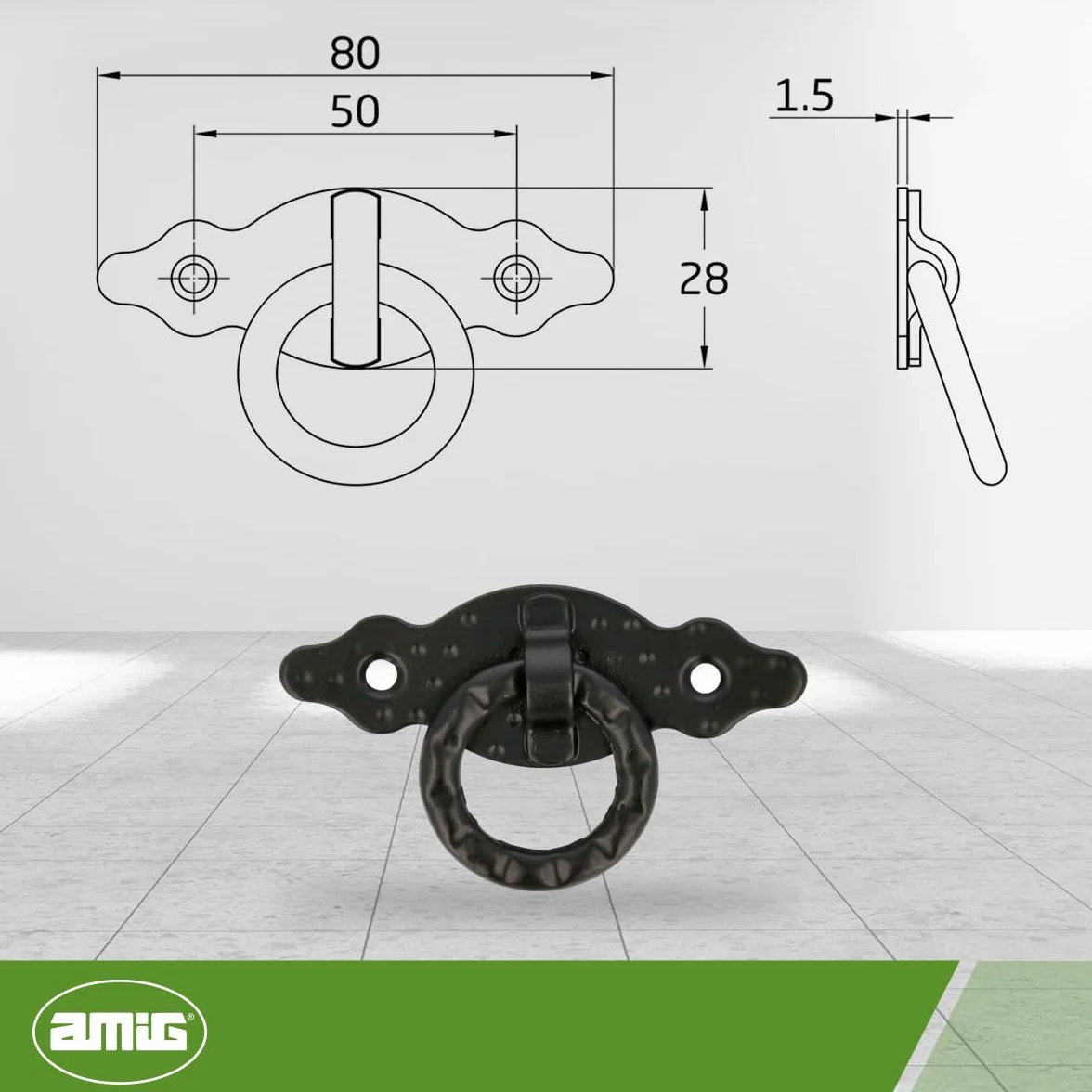 Amig - Maniglie Per Mobili Orizzontale - Modello 1000 - Acciaio - Ferramenta Rustica - 80x28x1,5 mm - Con Anello e Placca Puntinata - Finitura: Nera