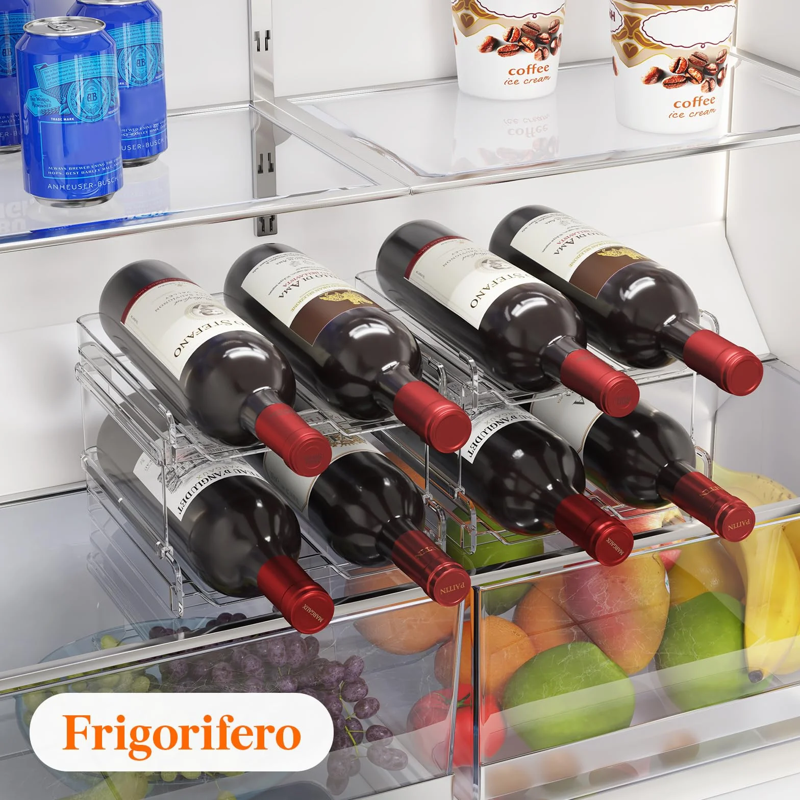 Lifewit Portabottiglie Impilabile in Plastica per Frigorifero, Organizer per 4 Bottiglie, Trasparente