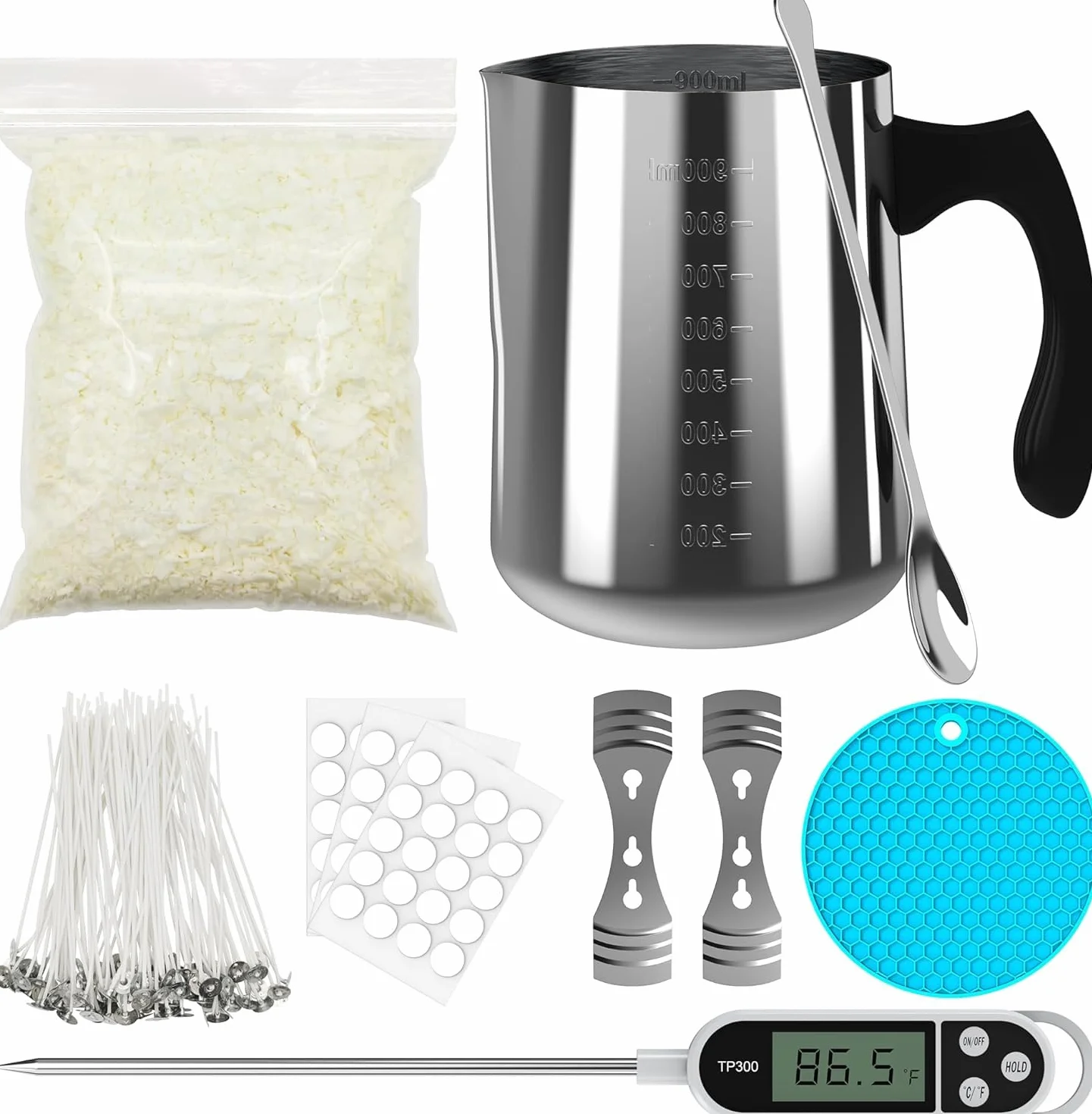 NOPWOK Kit per realizzare candele - Cera di soia DIY - Adulto - Vasetto da 900 ml - Candele adesive - Supporto per stoppino - Termometro