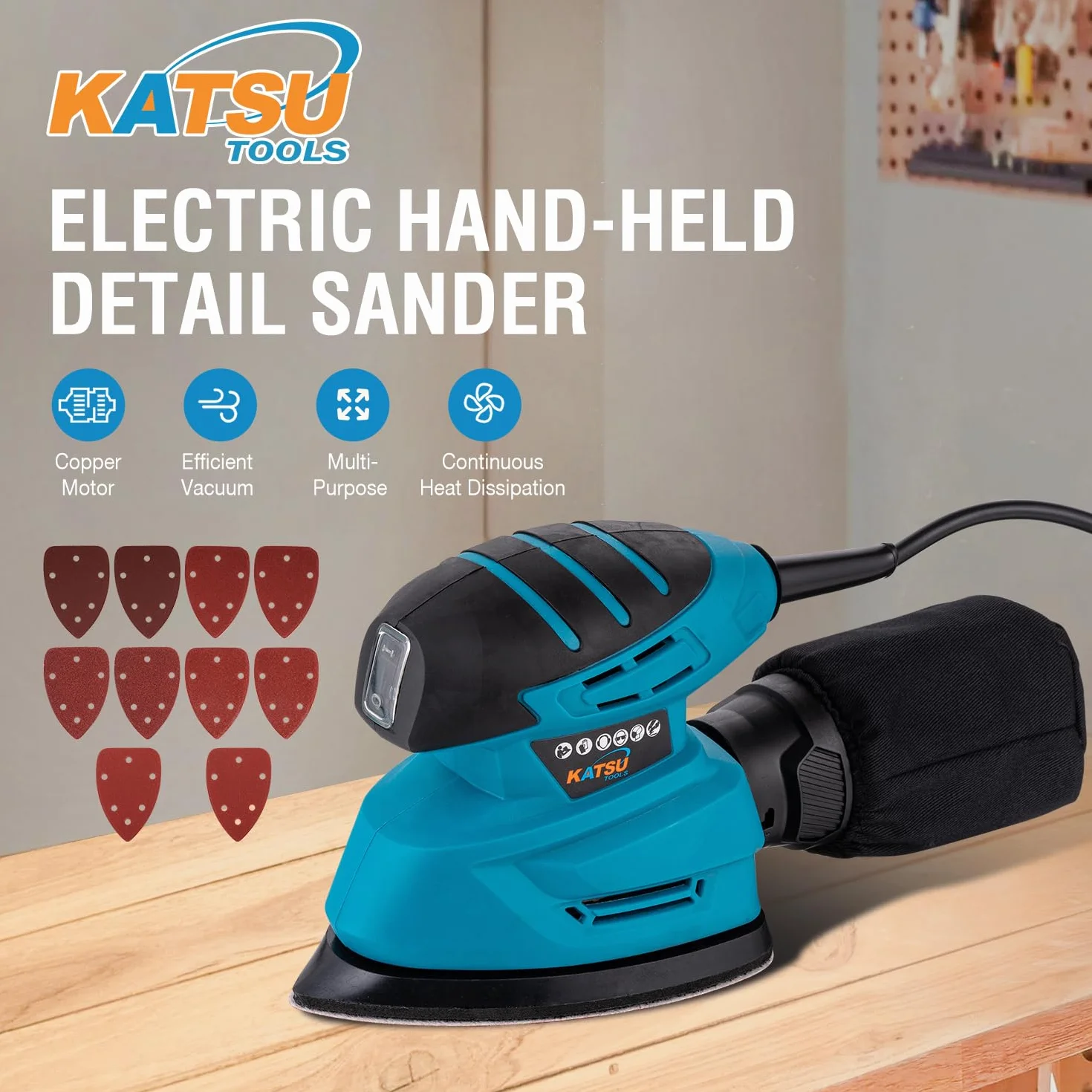 KATSU Tools Levigatrice Elettrica 130W Aspirazione Polvere 10 Fogli Abrasivi