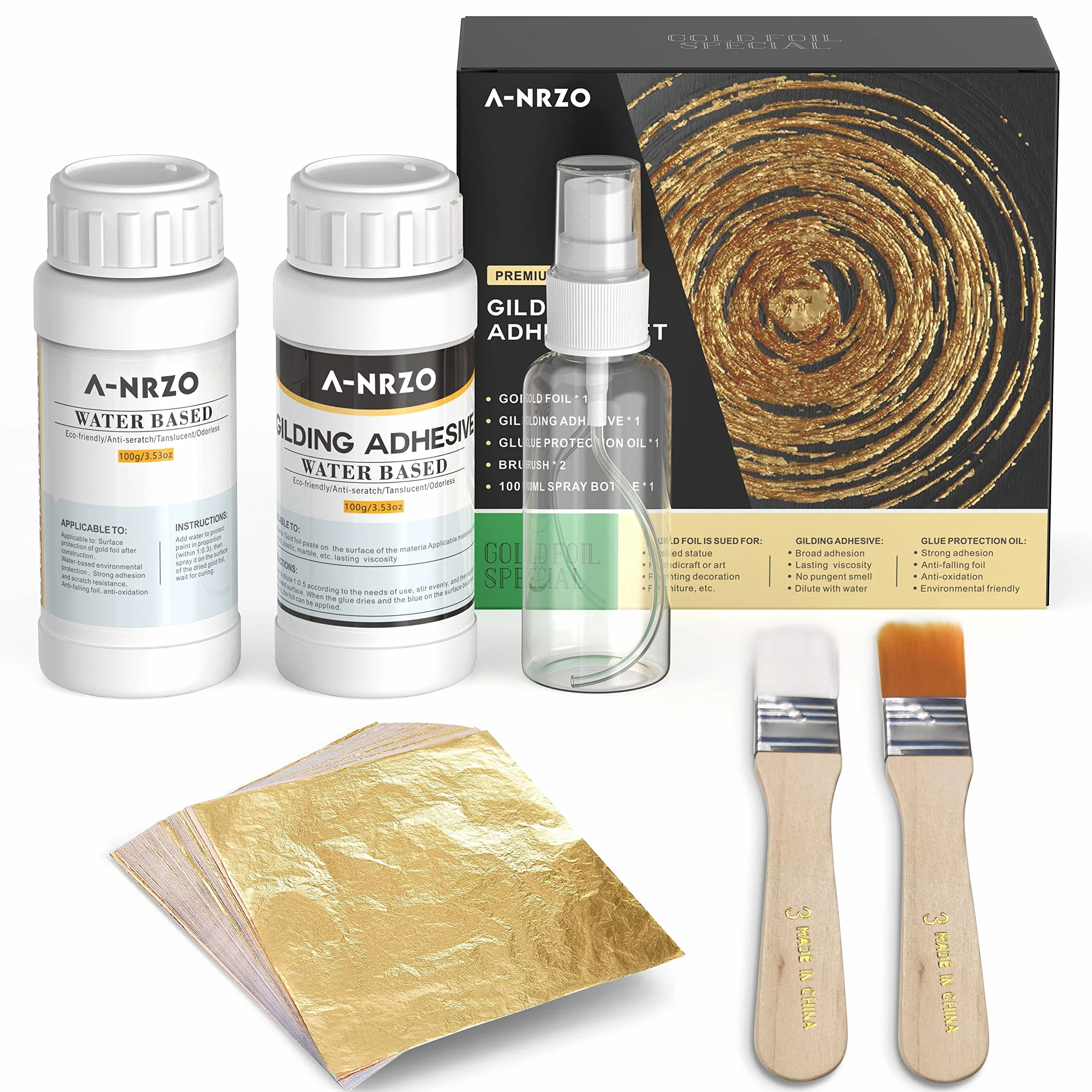 Set di adesivi per doratura a foglia d'oro,100 ml Adesivo a Base d'Acqua e Vernice Protettiva100ml, Fogli di Foglia d'oro, 100 Pezzi, per rtigianato, pittura e Arte