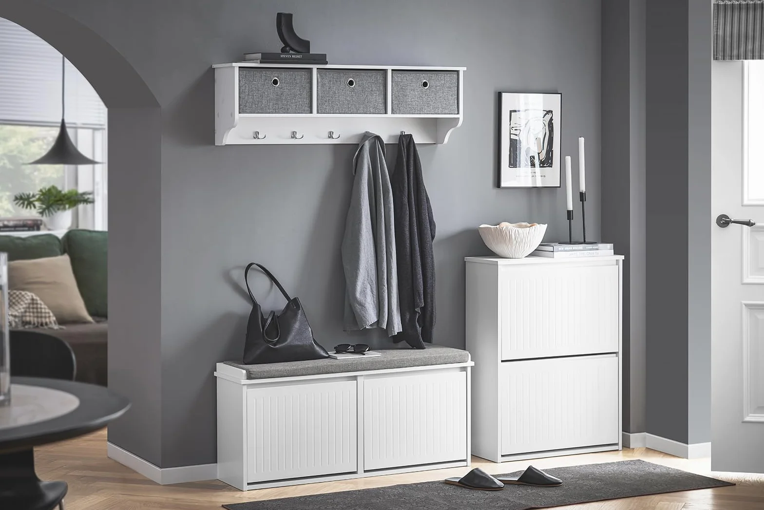 SoBuy Panca Scarpiera da Ingresso - Scarpiera Salvaspazio Slim in Legno, Panca Contenitore per 8-10 Paia di Scarpe, 155kg di Carico, Bianco, 100x26x46cm, FSR98-XL-W