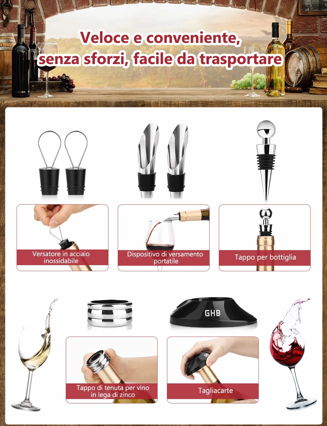 GHB Cavatappi Elettrico per Vino 8 in 1 Apribottiglie Elettrico con Base,Taglierina, Versatore,Tappo Regalo per Gli Amanti del Vino