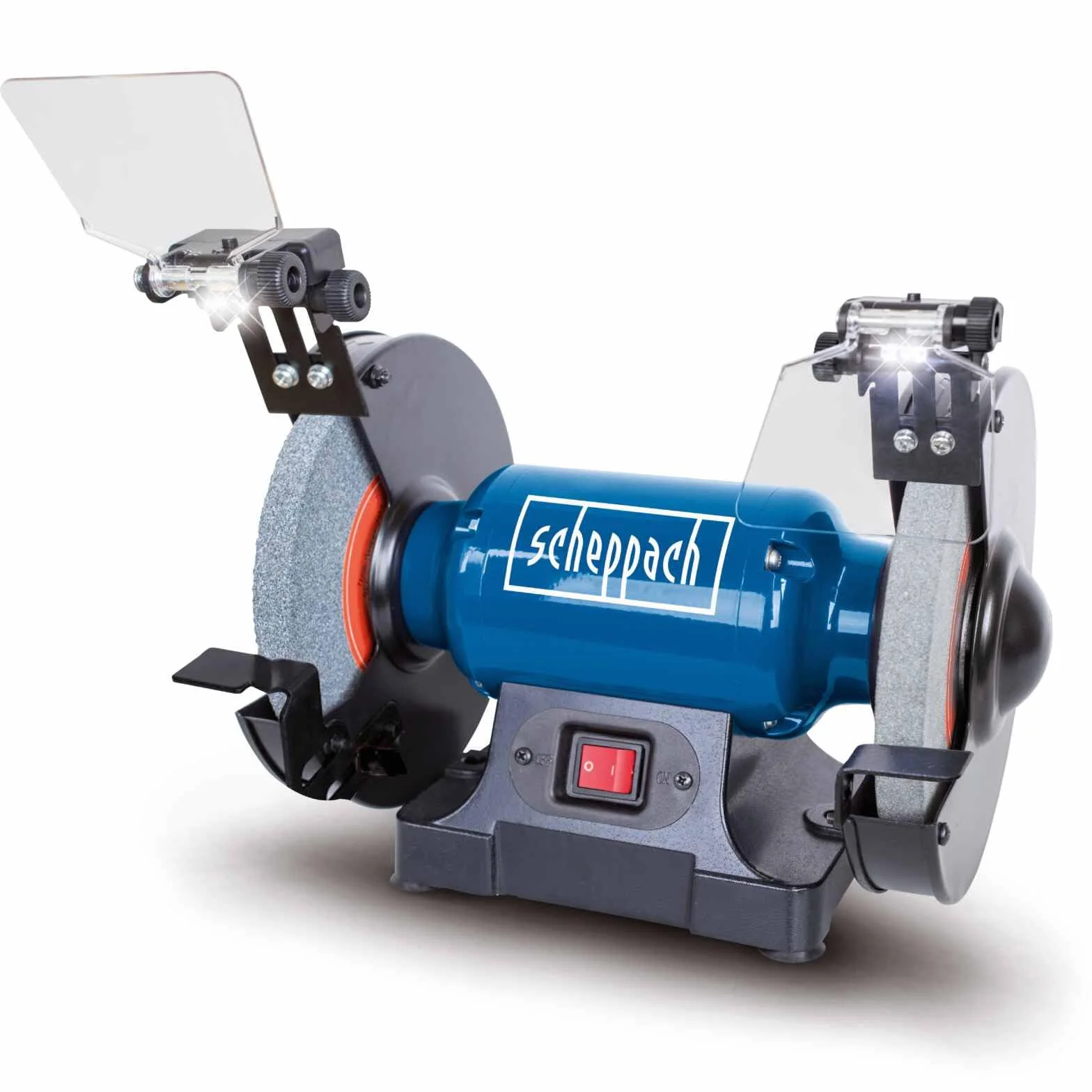 Scheppach 5903109901 - Levigatrice doppia SM200L, versatile con disco di sgrossatura, luci da lavoro a LED, protezione scintillante regolabile, motore 0,5 CV, 500 W, 230 V