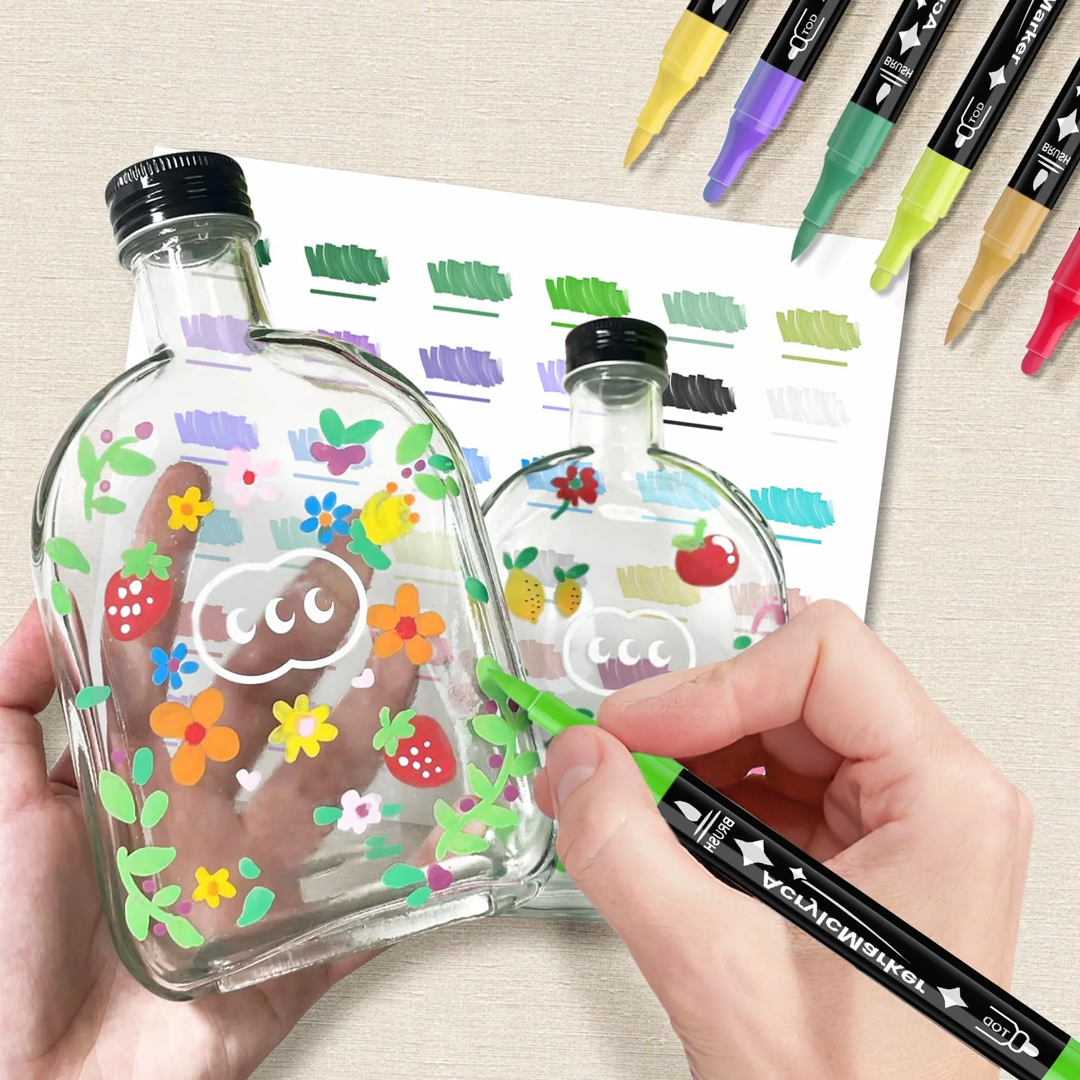 24 Colori Pennarelli Acrilici Doppia Punta,Set di Pennarelli a Punta fine e Media,Acrylic Marker Ad Acqua per Dipingere Sassi, Colorazione, Legno, Vetro, Tessuti, Pittura