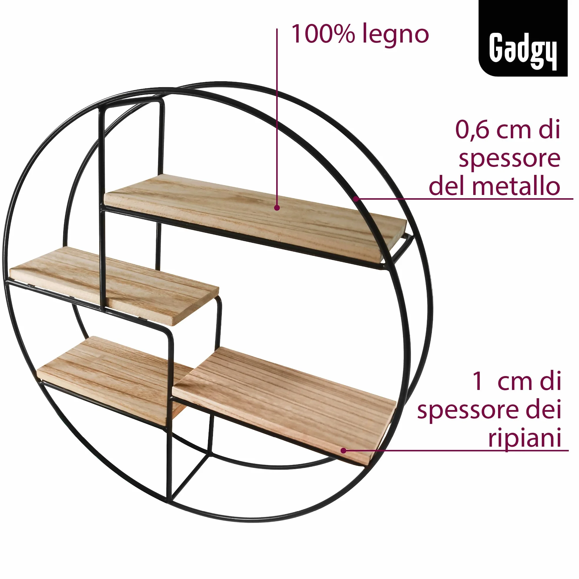 Gadgy Mensola Rotonda da Parete con 4 Ripiani - Mensola Galleggiante in Legno e Metallo Stile Industriale, Già Assemblata e Pronta da Appendere - 42 x 10 cm