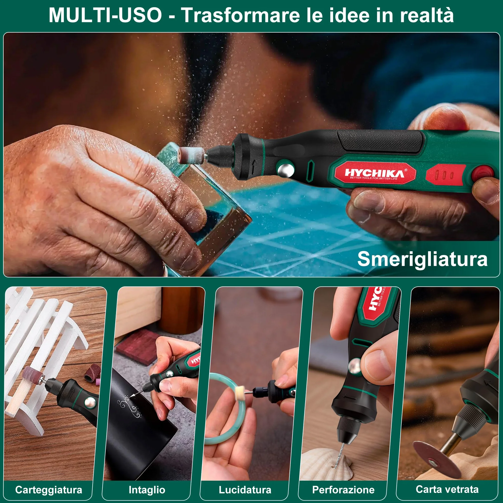 HYCHIKA Mini Trapano 3.6V Utensile Rotante Multifunzione 77 Accessori Foratura Levigatura Lucidatura Incisione Velocità Regolabile Ricarica USB-C DIY