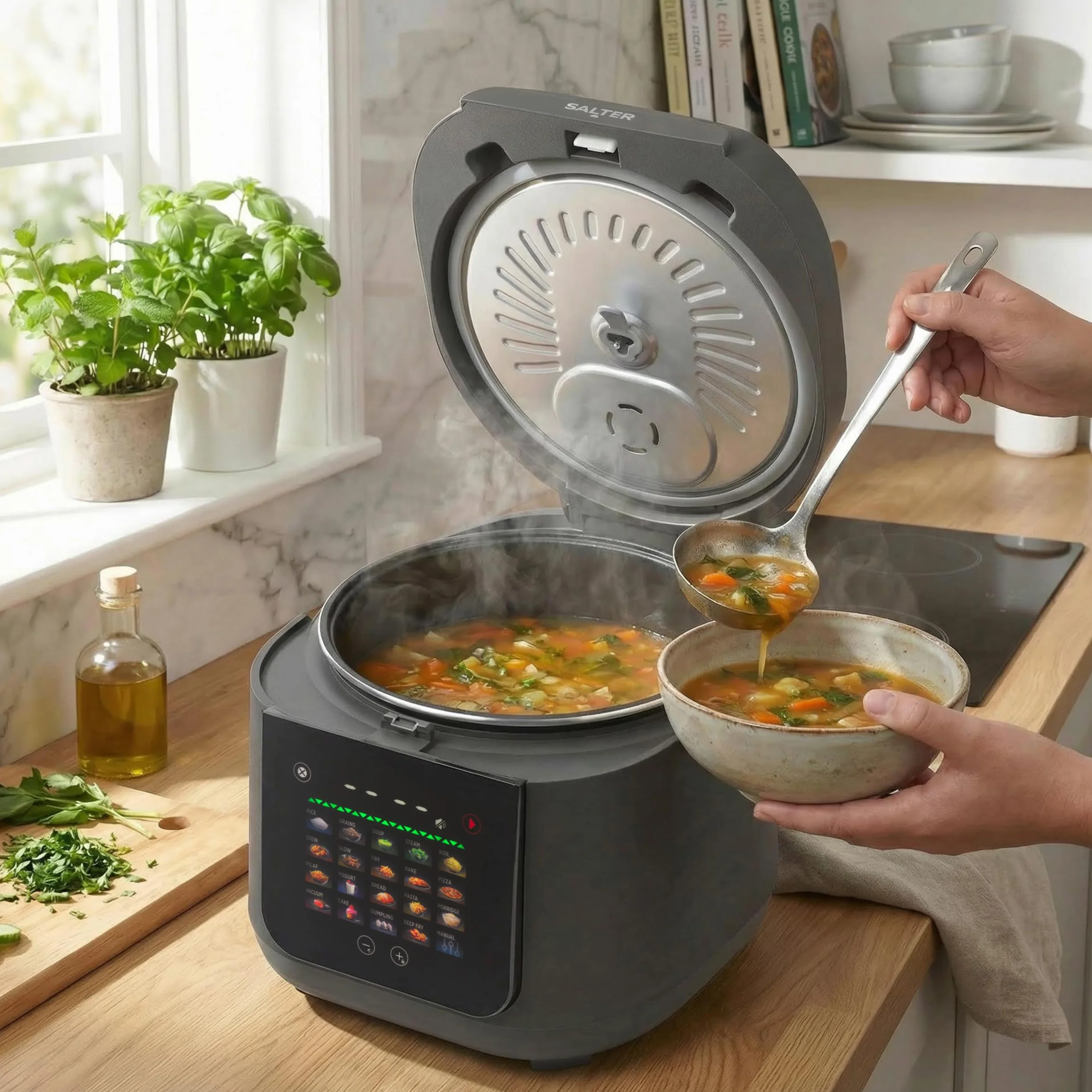 Salter Multicooker 5 Litri - 20 Programmi Preimpostati e Mantieni Caldo per 12 Ore, Rivestimento Antiaderente Senza PFAS, Coperchio Interno Rimovibile e Valvola di Vapore, 860W