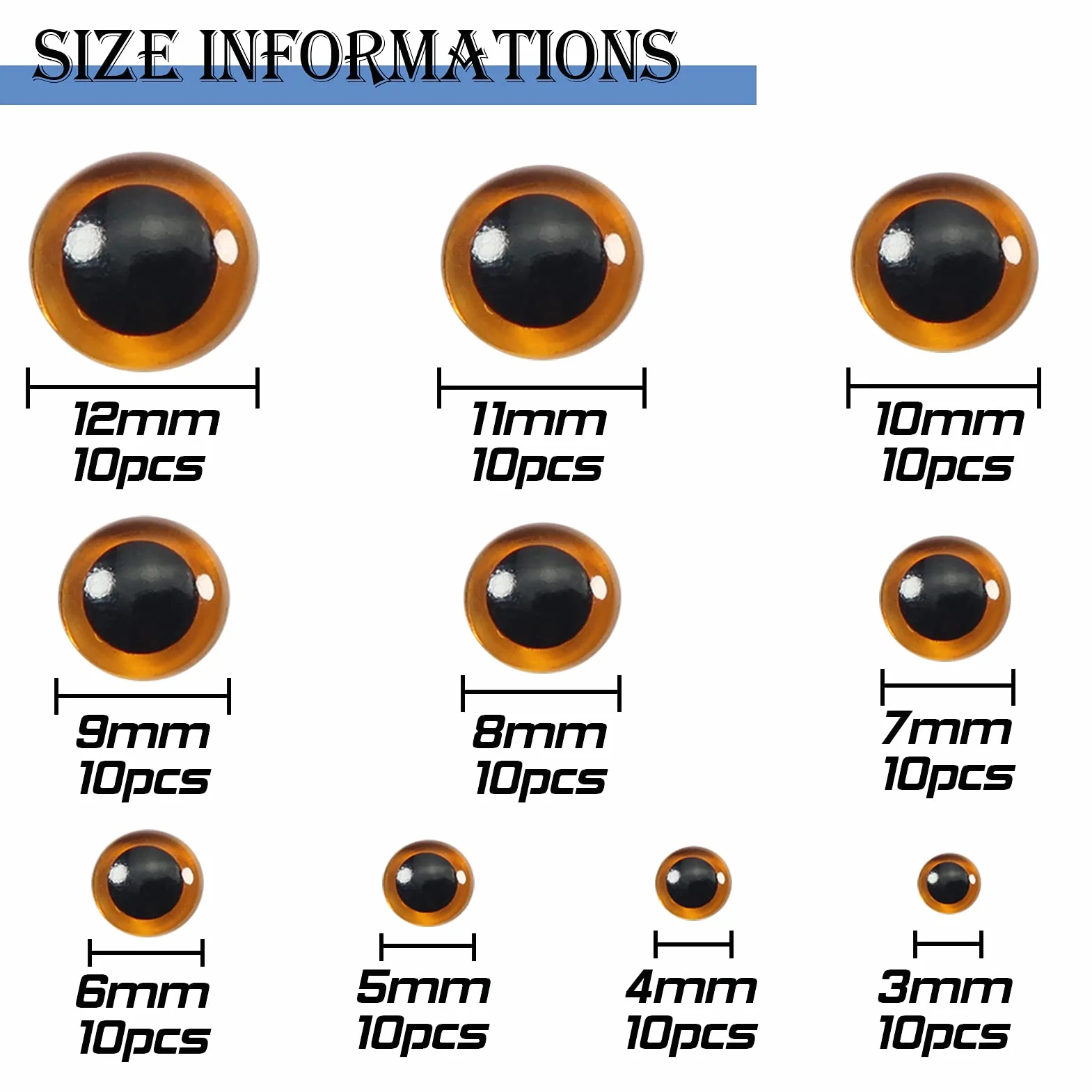 TOAOB 100 Pezzi Occhi di Sicurezza per Amigurumis Marrone Chiaro Occhi Giocattolo in Vetro 3mm a 12 mm per Lavoretti Fai da Te Creazione Bambole Pupazzi Artigianato
