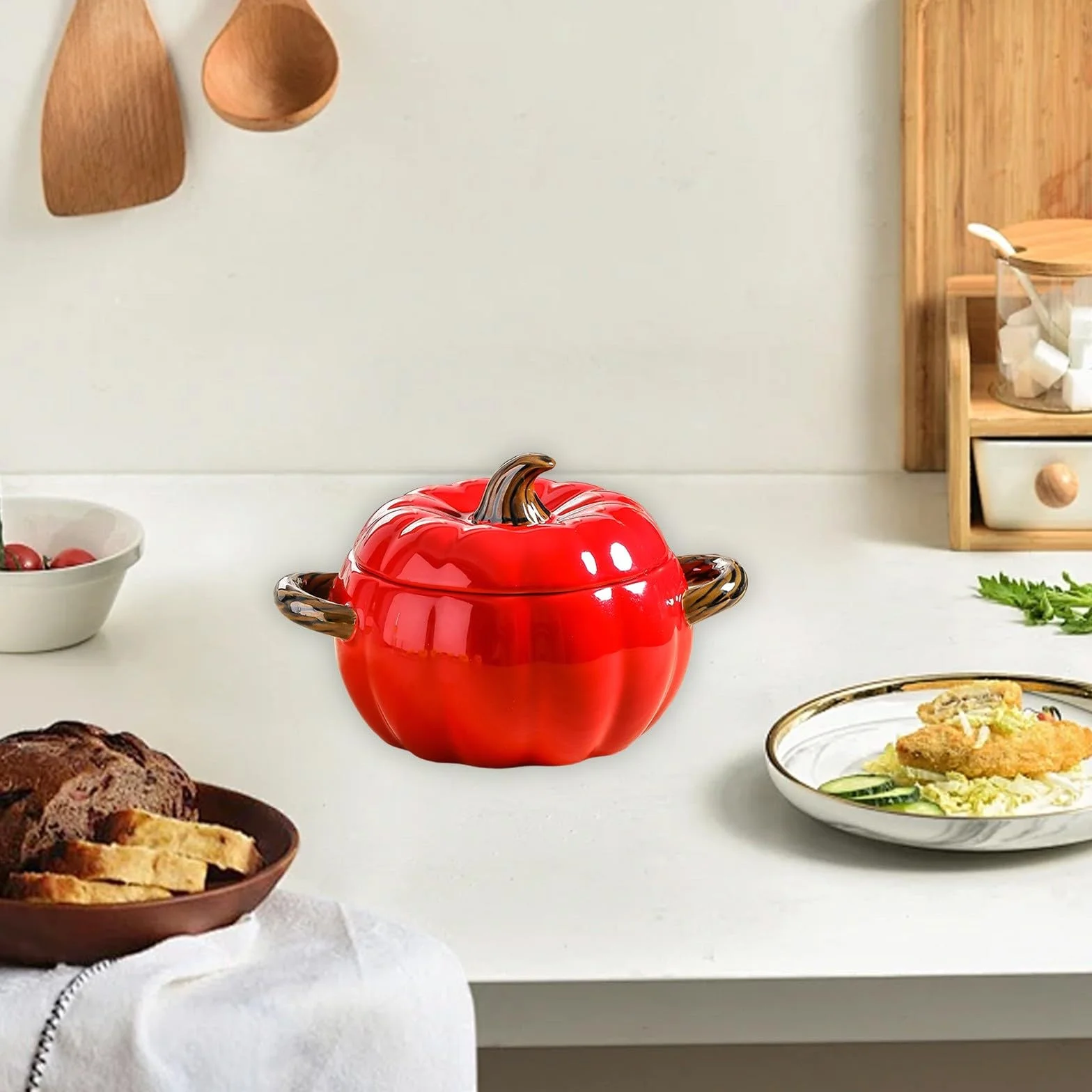 Casseruola in ceramica a forma di zucca, adorabile ciotola di zucca, antiaderente, con coperchio, utensili da cucina in porcellana, stoviglie di ringraziamento di Halloween (rosso)