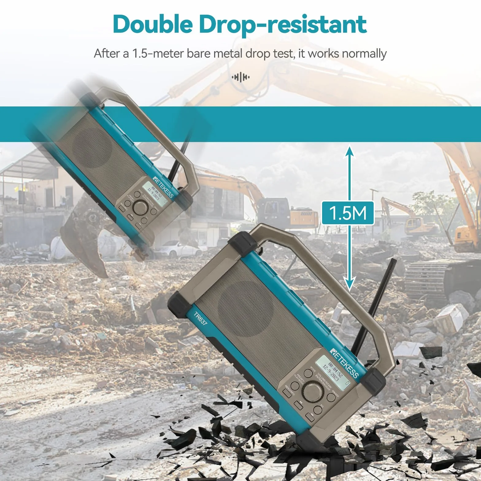Retekess TR637 Radio da Cantiere,Radio FM AM Portatile con Wireless,con Batteria Ricaricabile da 5000mAh,Impermeabile,USB,Manico Portatile,Lavoro