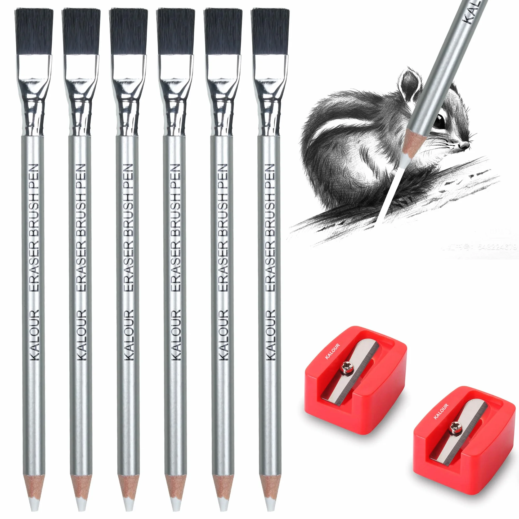 KALOUR Set di matite per cancellare, 6 matite con pennello e 2 temperamatite, cancellare piccoli dettagli o aggiungere punti salienti per schizzi, disegni a carbone