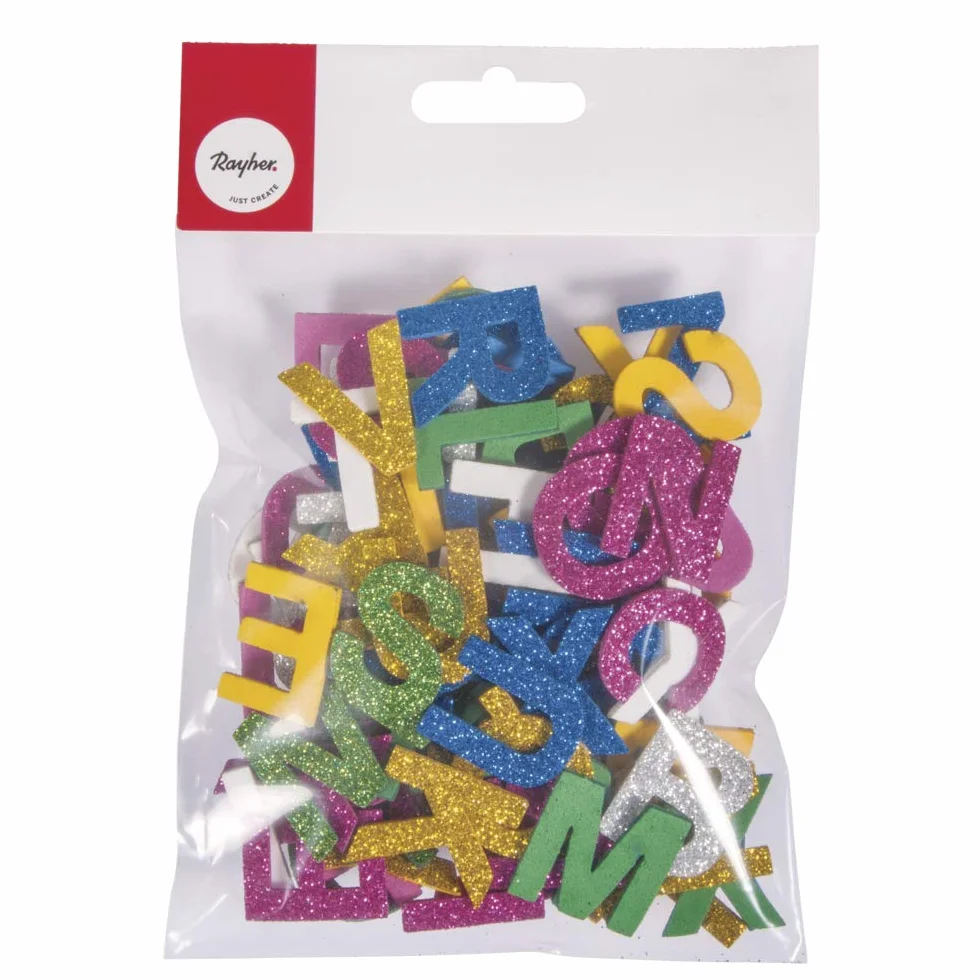 Rayher Alfabeto Gomma Crepla Glitter 2 mm 130 Pezzi Sticker Autoadesivi 3 cm