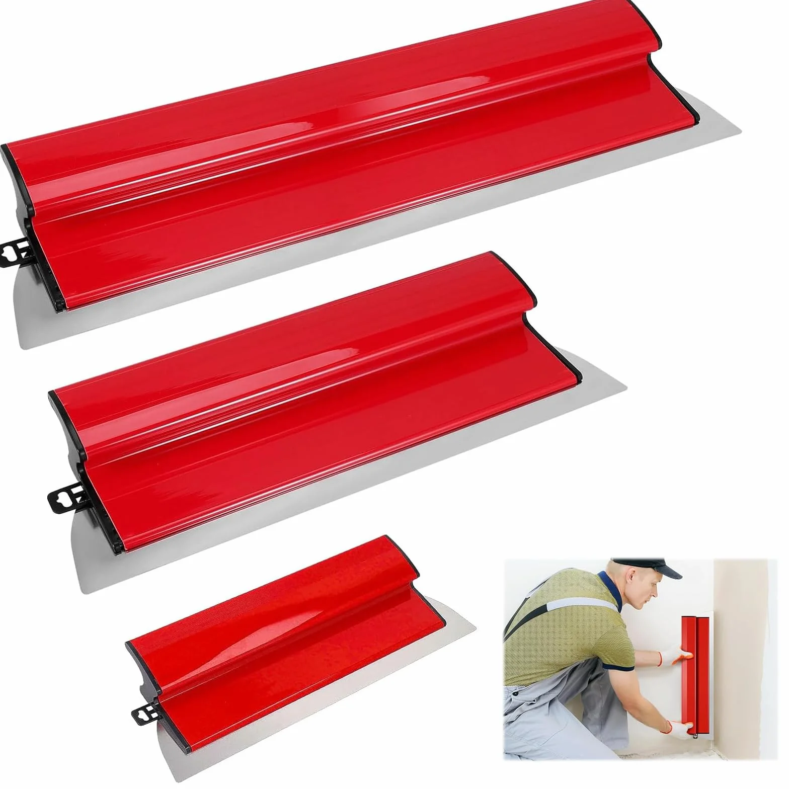 Spatole per Stucco 3 pezzi acciaio inox (20cm+40cm+85cm) Frattazzo per Lisciare Muri e Soffitti, Utensile Professionale per Intonaco, Pittura e Rimozione Gesso (Rosso)