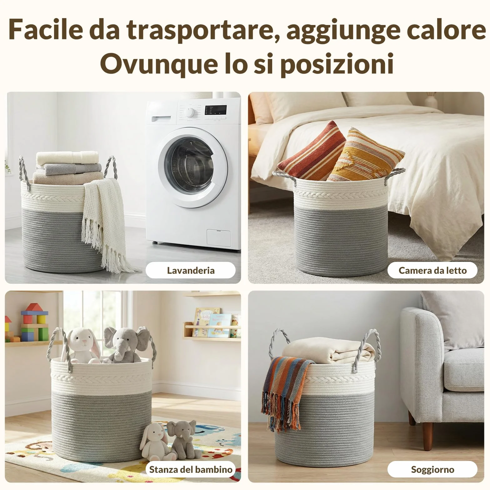 COSYLAND Cesto portabiancheria in cotone naturale - Pieghevole con manici portabiancheria sporca, Cesta portabiancheria per bagno, camera da letto e cameretta - 40x40x40cm (Grigio-bianco)