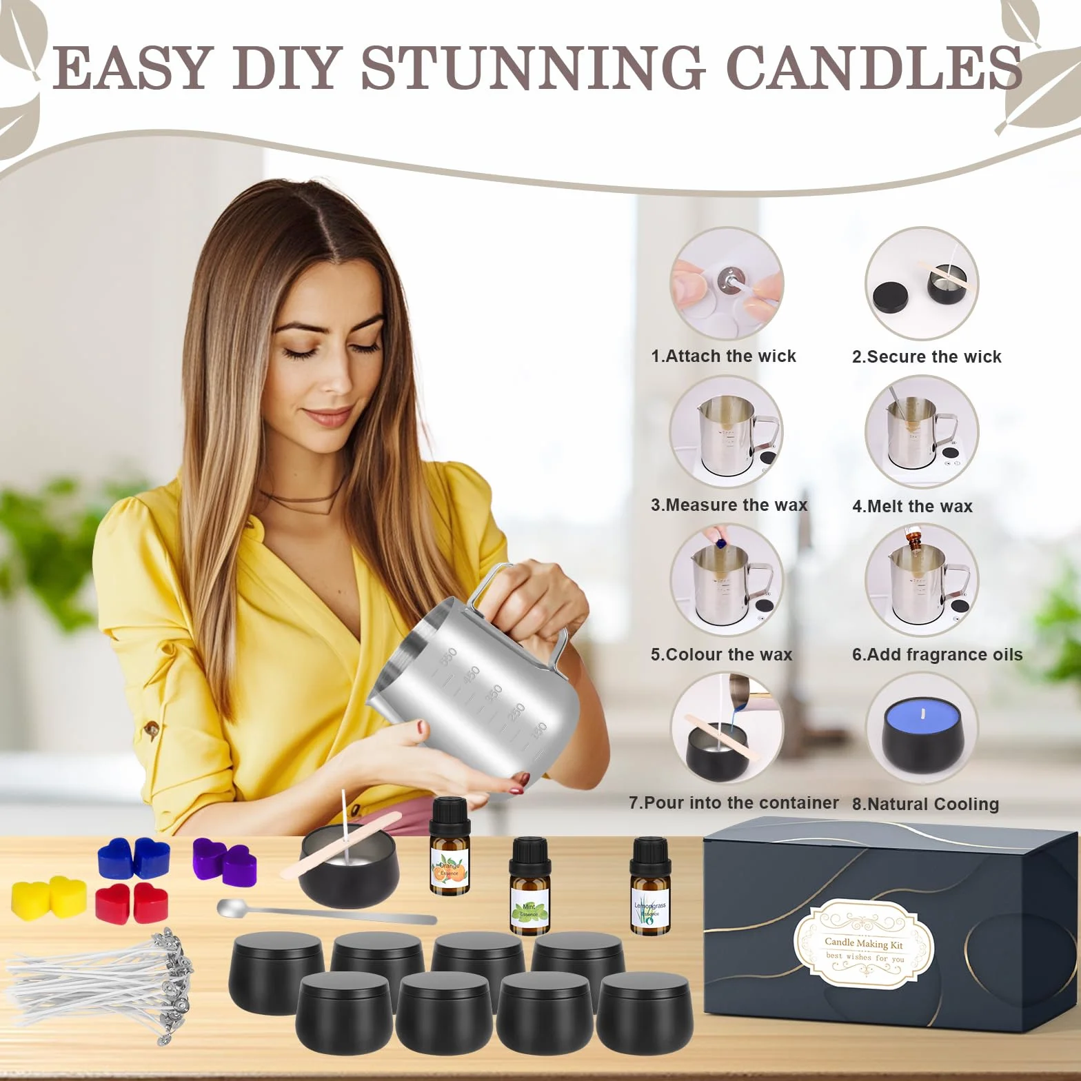Kit per Fabbricazione Candele, Kit per Natale Produzione di 9-Candele per Principianti, DIY Set Regalo con Pentola per Versare,Stoppini,Adesivi,Cucchiai per Mescolare,6 Oli Essenziali,480g Cera Soia