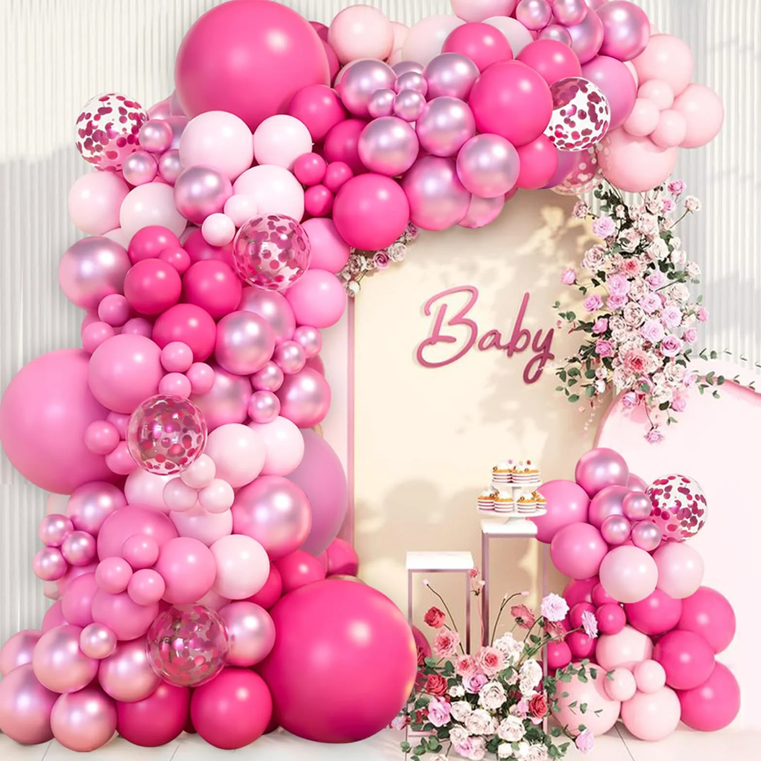 Kit Arco Palloncini Rosa - 115pcs Palloncini Compleanno Palloncini Fucsia, Palloncini Baby Festa Bambina, Ghirlanda Palloncini per Battesimo Bambino, Allestimento Compleanno, Matrimonio, Baby Shower