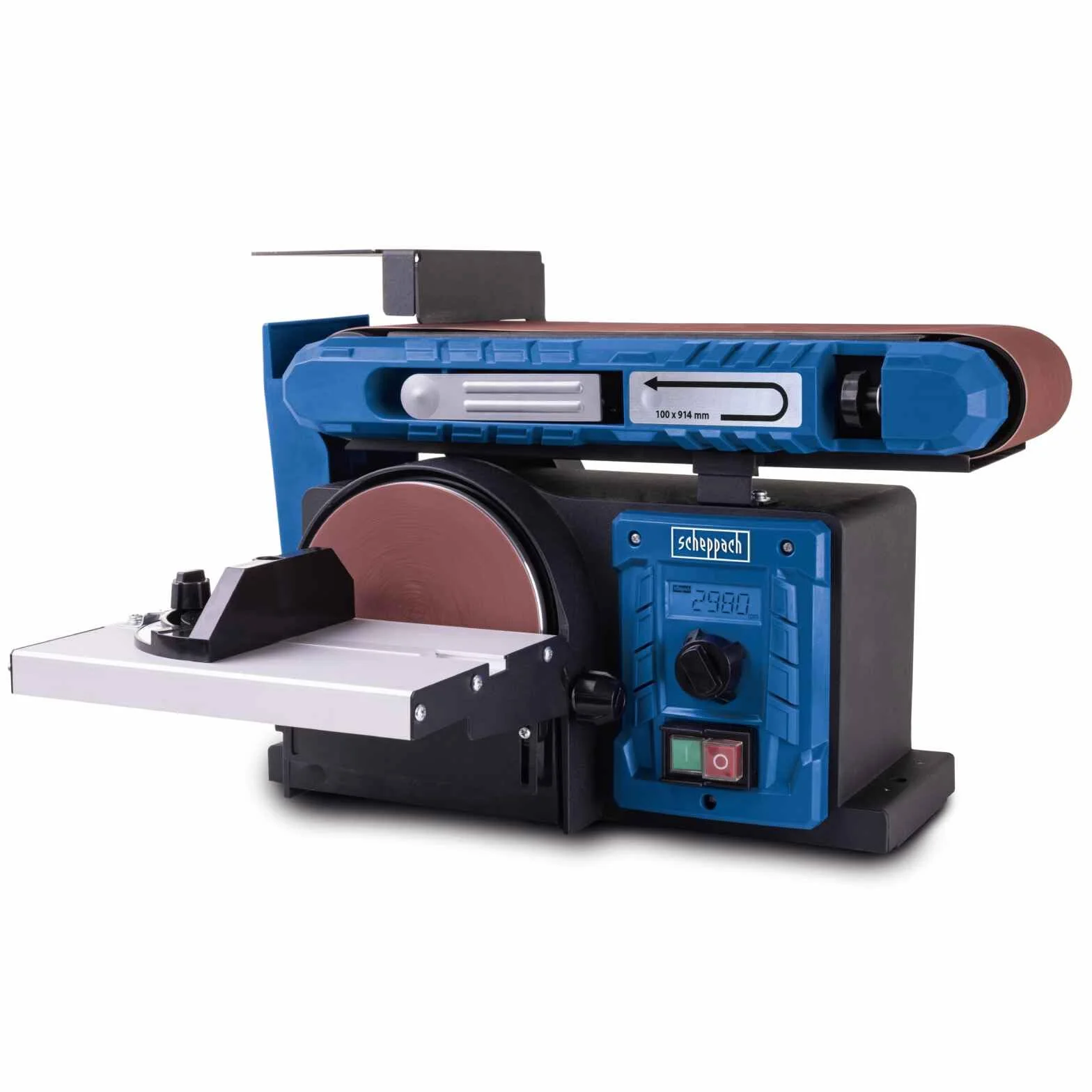 Scheppach BTS800Vario - Levigatrice a nastro e piatti con display LCD e velocità vario, 400 W, pieghevole, nastro abrasivo 914 x 100 mm, Ø 150 mm, con arresto trasversale