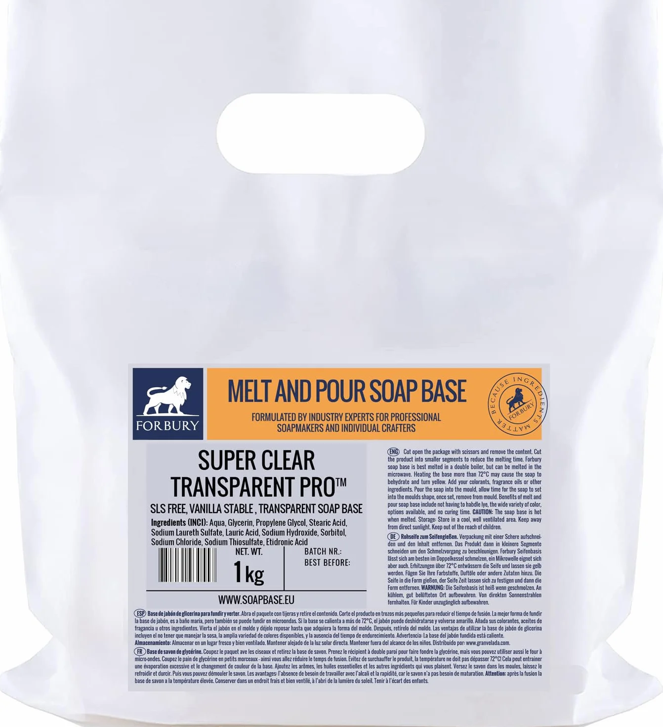 1kg Base per Sapone di glicerina Senza SLS Transparente, Base per Saponette, Melt And pour (Sciogli e Versa), Super Clear Transparent PRO