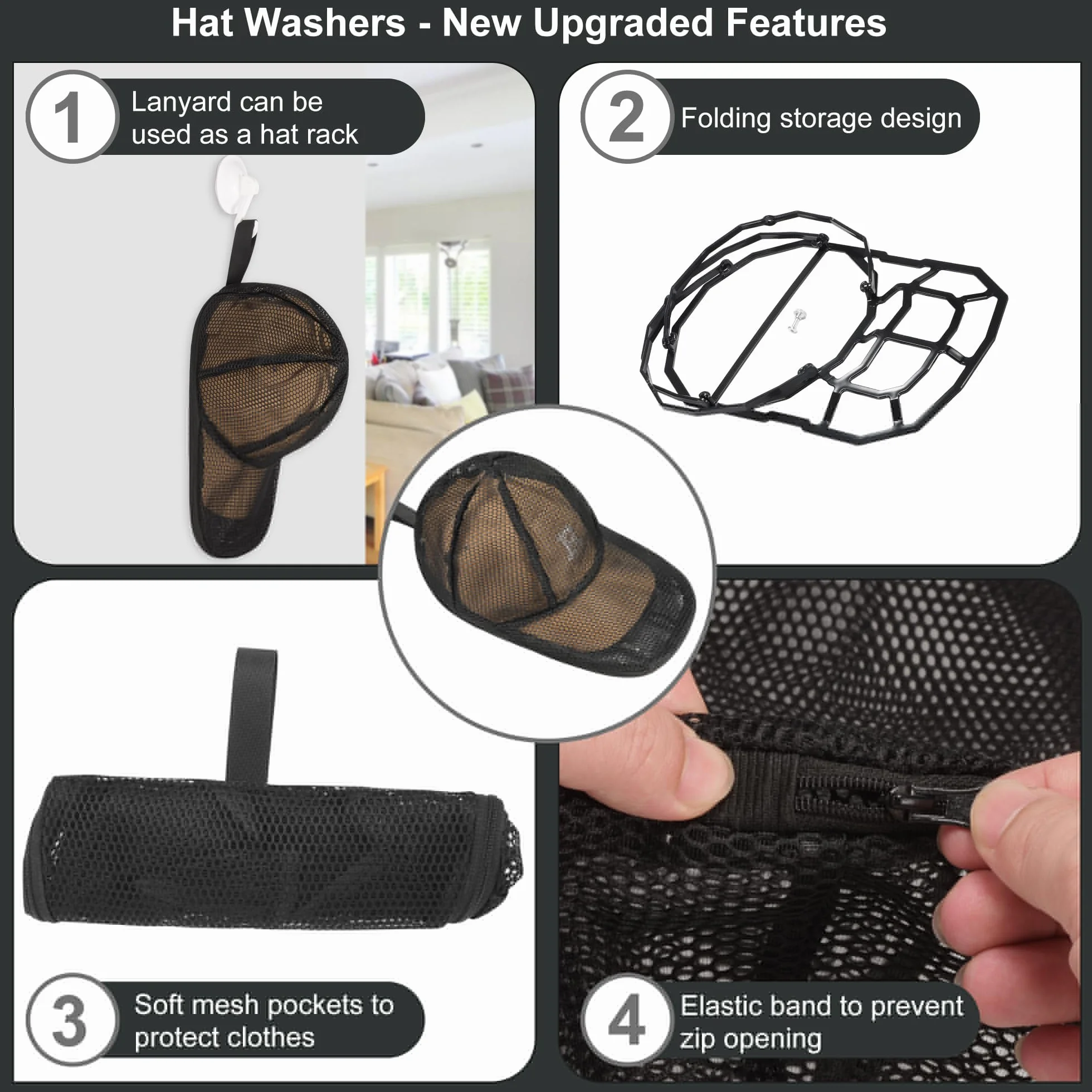 Rondelle per Cappelli da Baseball per Lavastoviglie e Lavatrice, Supporto Protettivo Cappellini per Lavaggio, Nero