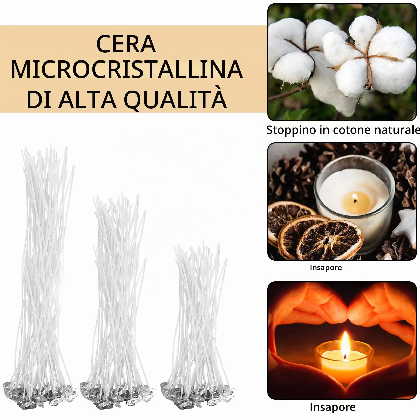 150 Pezzi Stoppini per Candele, Stoppini in Cotone per Candele da 10cm/15cm/20cm, Stoppino per Candele Naturali con Porta Stoppino in Legno e Adesivi per Stoppini Bifacciali, per Fare Candele