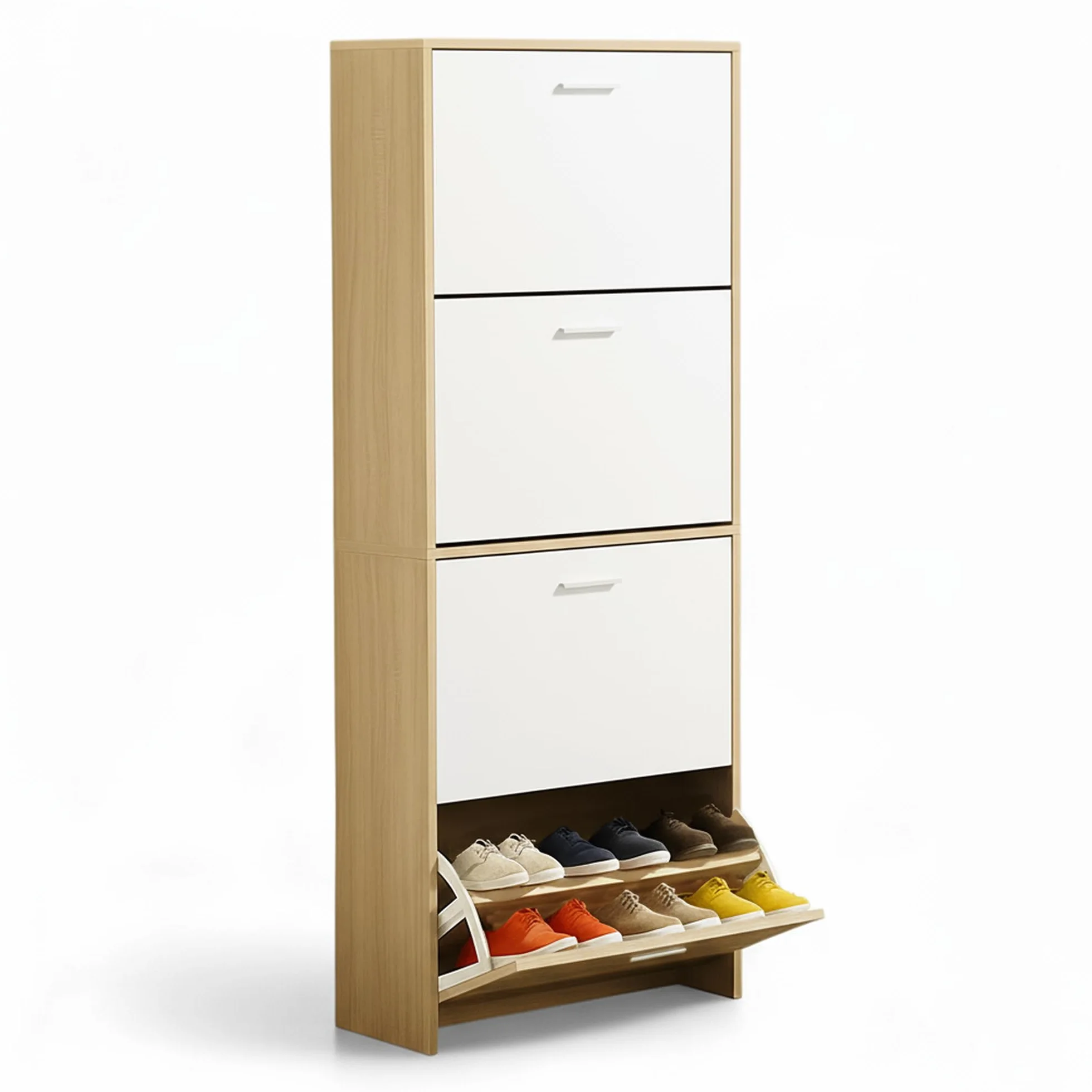CATAVANA Scarpiera salvaspazio slim 60 cm in legno bianco, scarpiera da ingresso con 4 ante, scarpiera 24 paia, design moderno alto e stretto, ideale come portascarpe ingresso