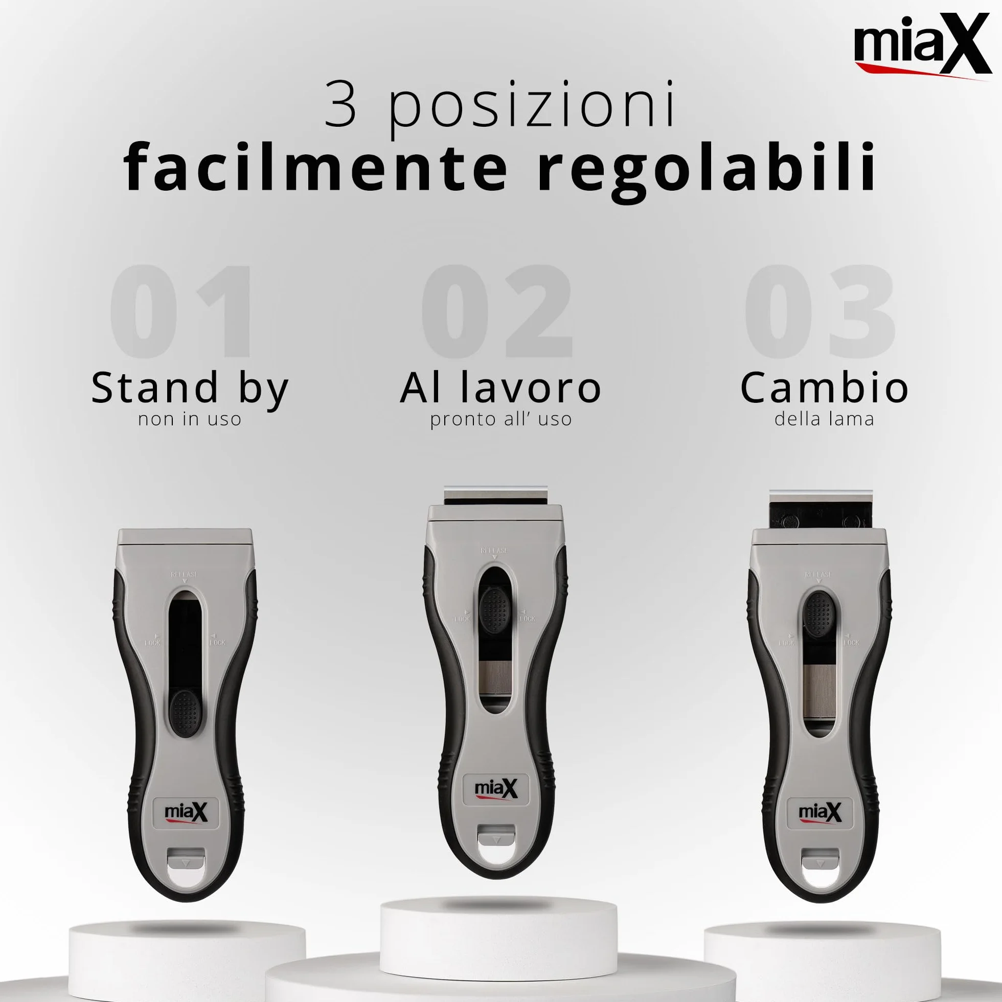 miaX Premium Spatola Multiuso 2.0 – Raschietto rimuovi silicone, con 8 lame di ricambio integrate – per piano induzione, vetro, adesivi, vernici