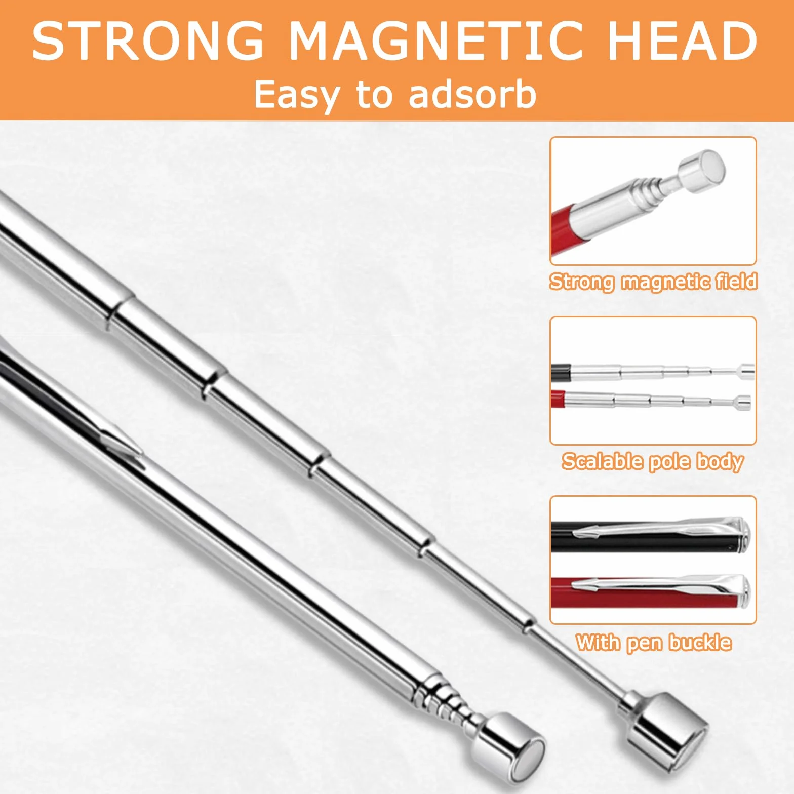 3 Pezzi Strumento di Raccolta Magnetico Telescopici Set, Asta Telescopica Portatile e Magnetica, Penna Magnetica Telescopica per Bulloni, Dadi, Viti, Estensibile fino a 65cm/62cm (Argento/Nero/Rosso)