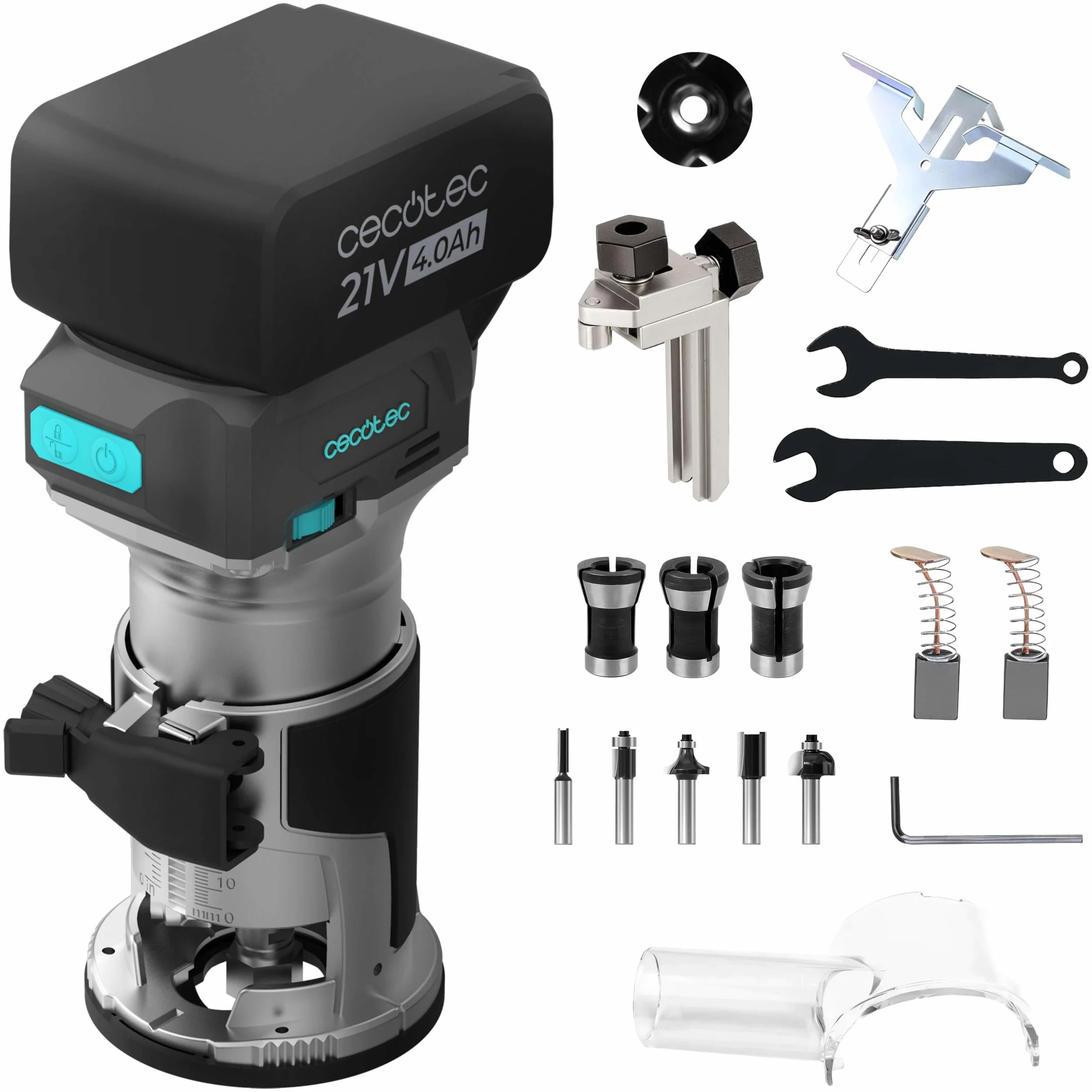 Cecotec Fresatrice per Legno a Batteria MultiShape 2000 Liberty. Batteria Nexus 21V 4Ah, Motore Brushless, 5 Frese, Testine 6/6,35/8mm, Alluminio, Profondità e Velocità Regolabili, Migliora i Lavori