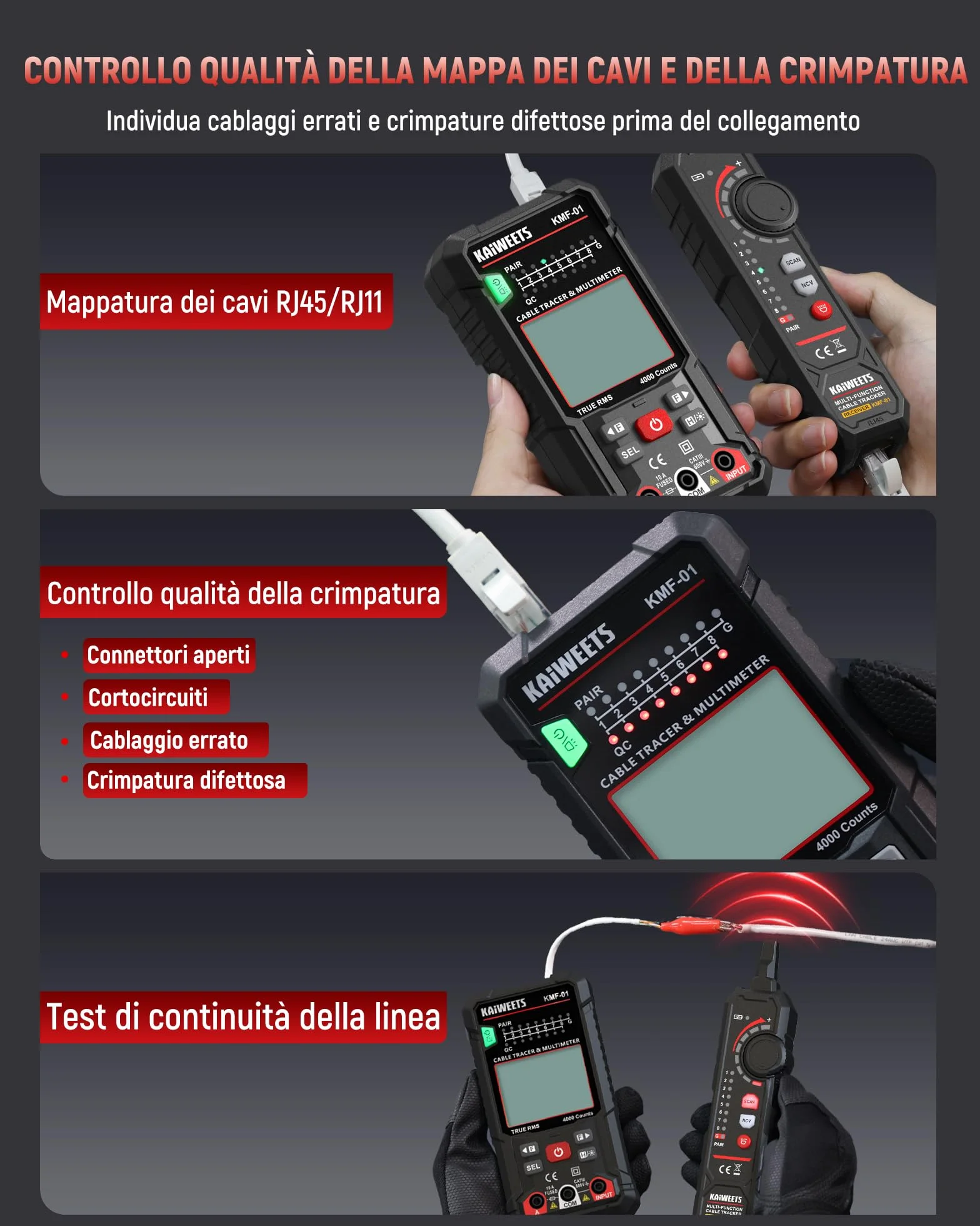 KAIWEETS Multimetro Digitale e Localizzatore di Cavi 3 in 1, Tester Automatico TRMS