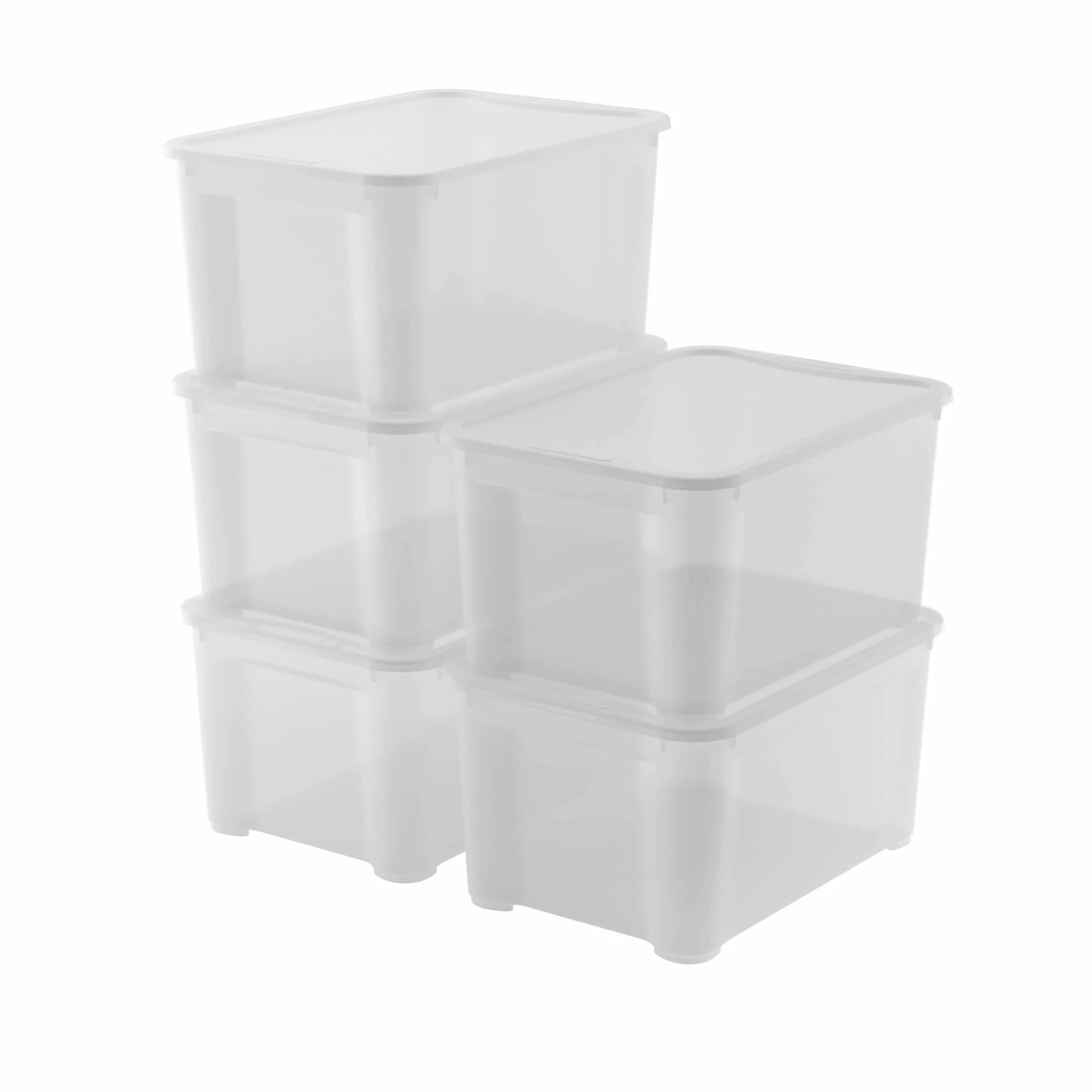 Keter Set di 5 Contenitori in Plastica con Coperchio T Box L, Trasparenti, Ideali per Vestiti e come Portaoggetti, Adatti per Armadi e Garage, 47 L, 55x39x28H cm