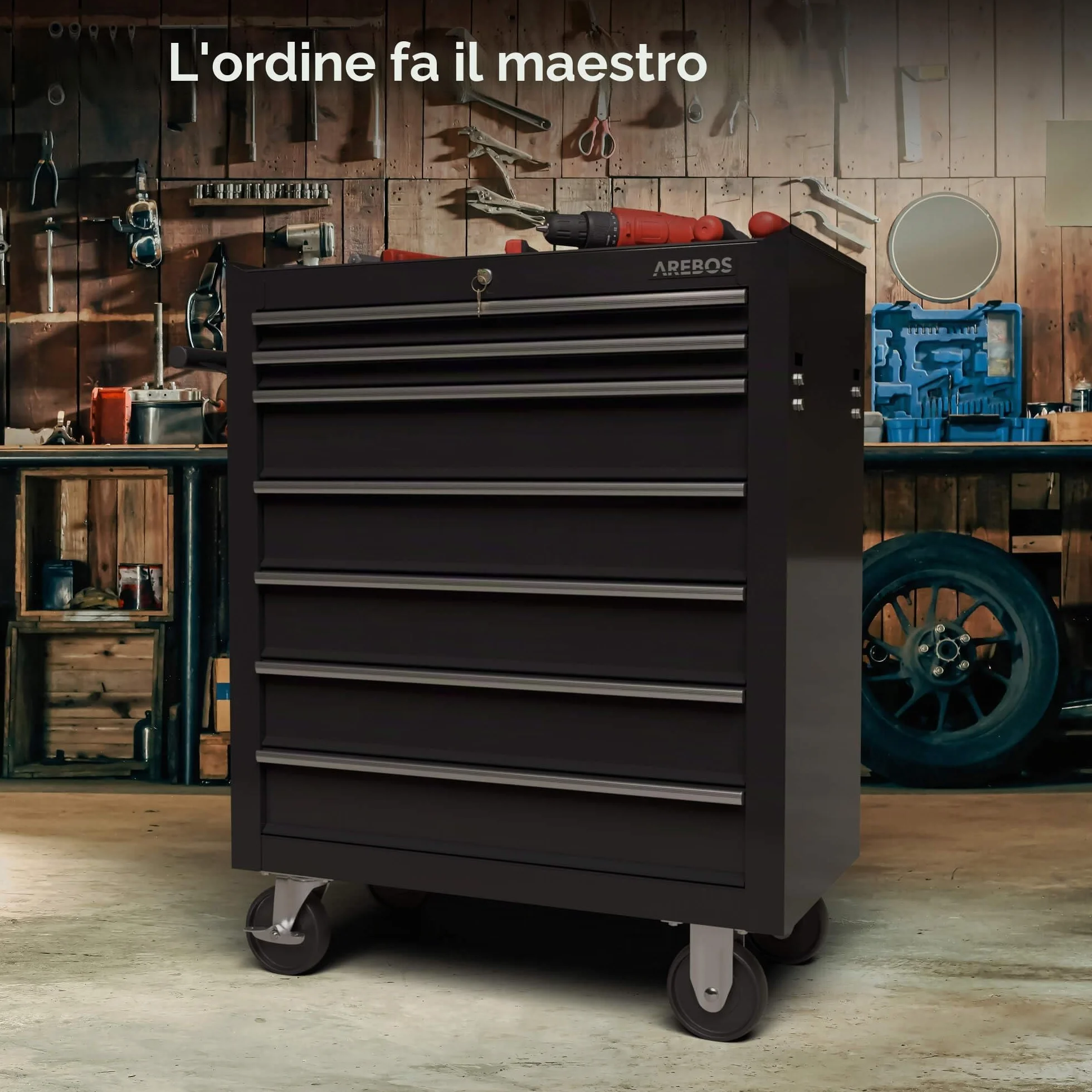 AREBOS carrello da officina con 7 scomparti | centrale chiudibile a chiave | rivestimento antiscivolo | ruote con Freno di stazionamento | massiccia metallo | Nero