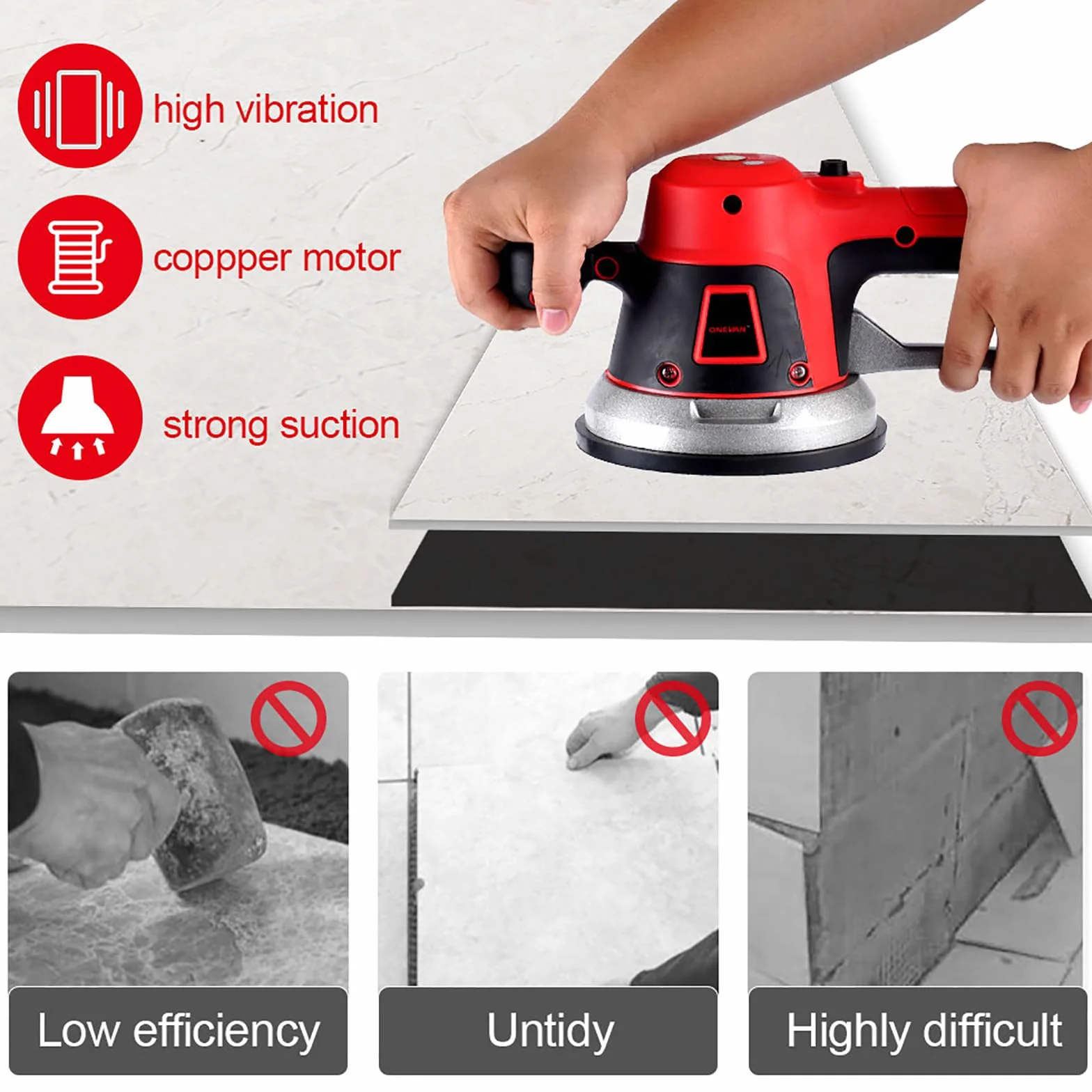 ONEVAN vibratore per piastrelle 200 kg, vibratore elettrico per piastrelle, 145 mm ventosa vibrante per piastrelle a 6 velocità con 2 batterie da 1.5Ah, macchina vibrante per piastrelle 150 x 150 cm