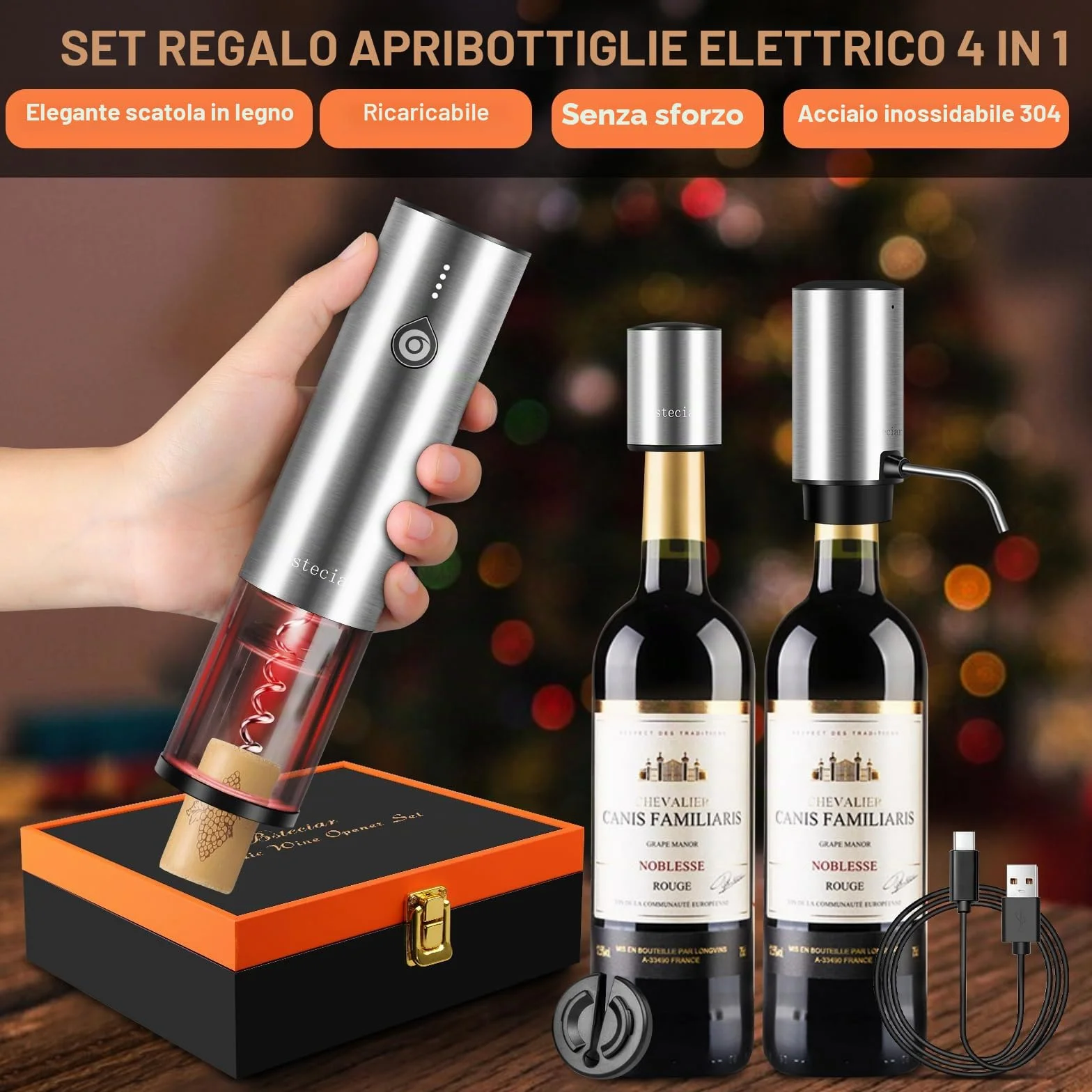 Cavatappi Professionale Elettrico per Vino, Apribottiglie Elettrici 4 in 1 Set con Apribottiglie Ricaricabile, Versatore Automatico per Vino, Taglierina per Lamine, Tappi Sottovuoto