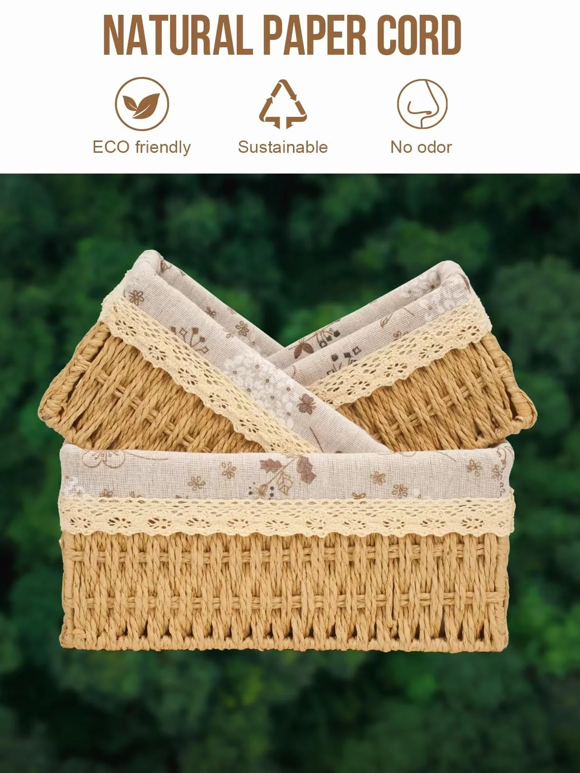 Set di 3 Cestini in Vimini Floreali Intrecciati a Mano, Beige, Cestini Portaoggetti per Organizzare e Decorare