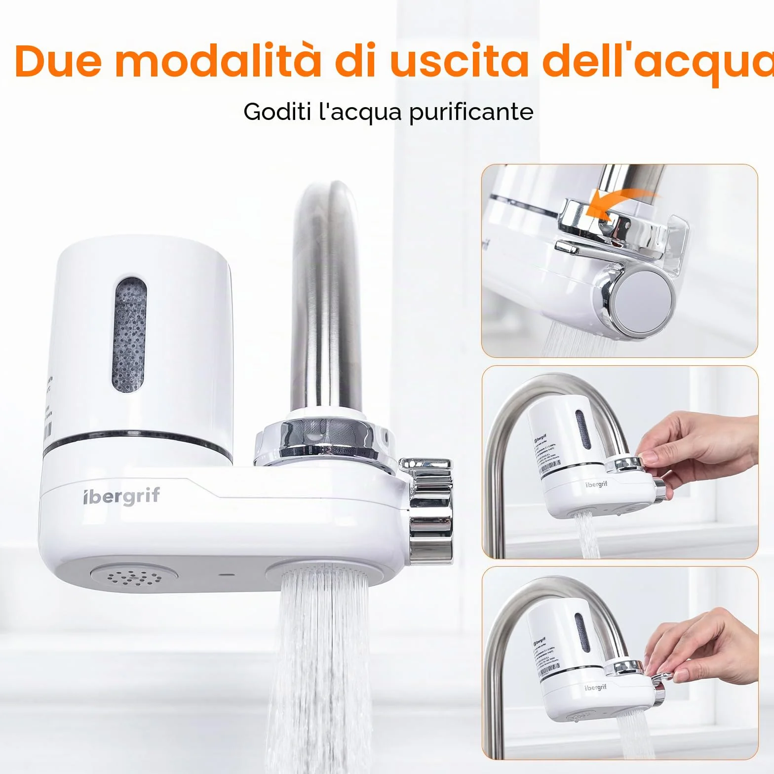 Ibergrif Filtro acqua rubinetto, Sistema filtraggio domestico, Rimuove cloro sedimenti metalli pesanti